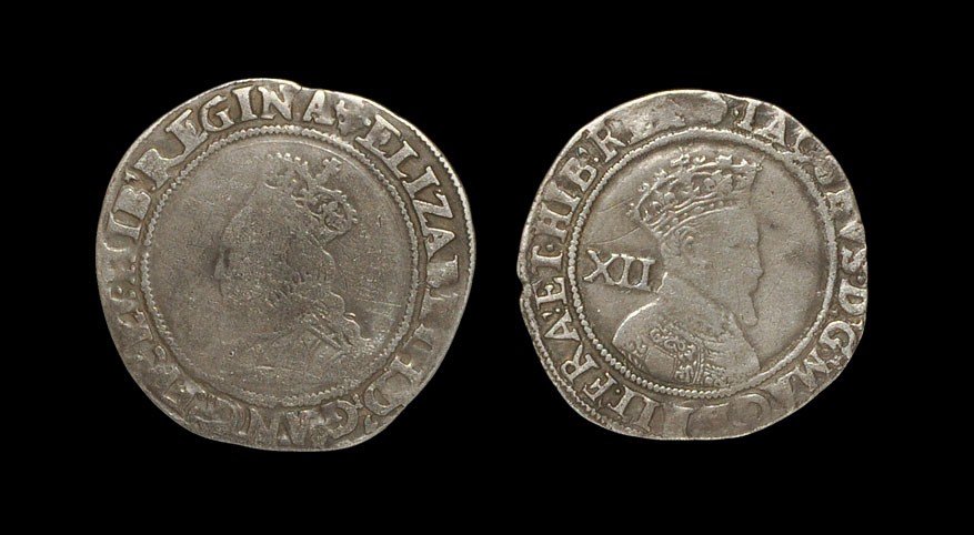 Tudor Elizabeth I and James I - Shillings [2]: 1560-1561 AD and 1605-1606 AD. Second issue, bust 3A. Obv: profile bust with ELIZABETH D G ANG FR ET HIB REGINA legend and 'cross-crosslet' mintmark. Rev: long cross over arms with POSVI DEV ADICTOREM