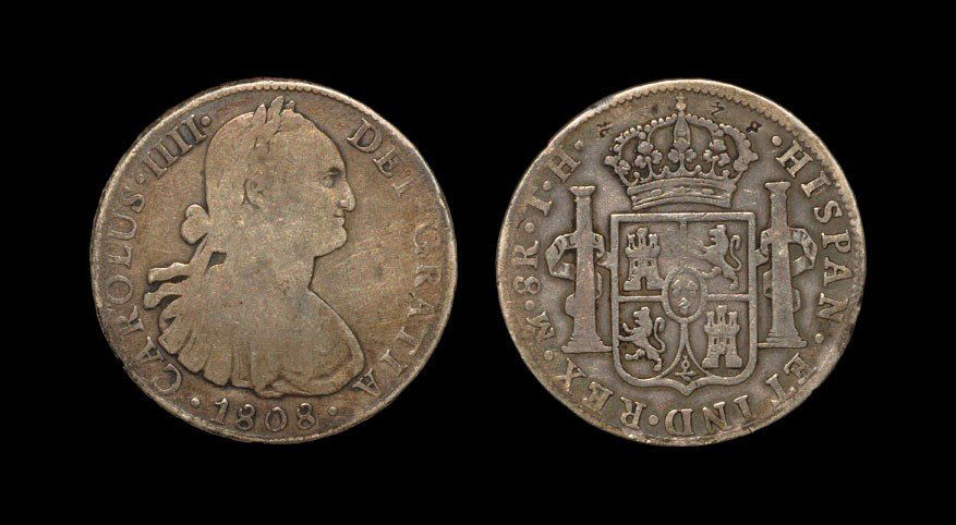 World Mexico - Charles IV -1808 - 8 Reales: Dated 1808 AD. Obv: profile bust with date below and CAROLUS IIII DEI GRATIA legend. Rev: crowned arms between pillars with HISPAN ET IND REX legend, Mexico mintmark, mark of value and T H assayer's i