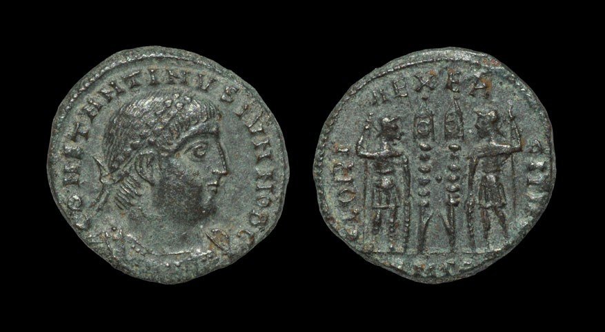 Roman Constantine II - Soldiers and Standards AE 19: 330-335 AD, Thessalonica mint. Obv: CONSTANTINVS IVN NOB C legend with laureate and cuirassed bust right. Rev: GLORI-A EXER-CITVS legend with two soldiers, holding spears and resting hands on shields 