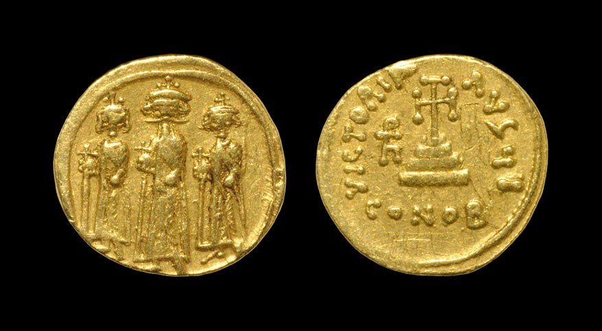 Byzantine Heraclius, Heraclius Constantine and Heraclon: 610-641 AD, Constantinople mint. Obv: Heraclius, crowned, with long moustache and long beard in centre, Heraclonas, of almost equal height, crowned, on left, and Heraclius Constantine, of equal height