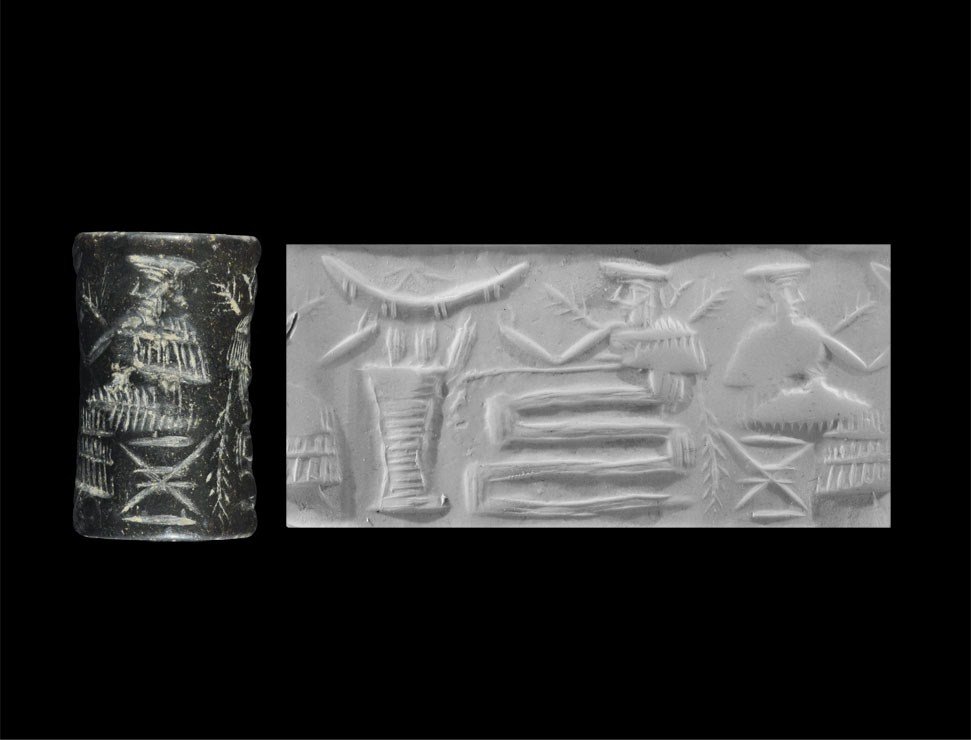 Near Eastern Large Akkadian Black Cylinder Seal: 2350-2150 BC. A large blackstone seal depicting a seated male figure, bearded, one arm outstretched, facing an altar; opposite, a serpent-like creature with anthropomorphic head and torso, one arm sim
