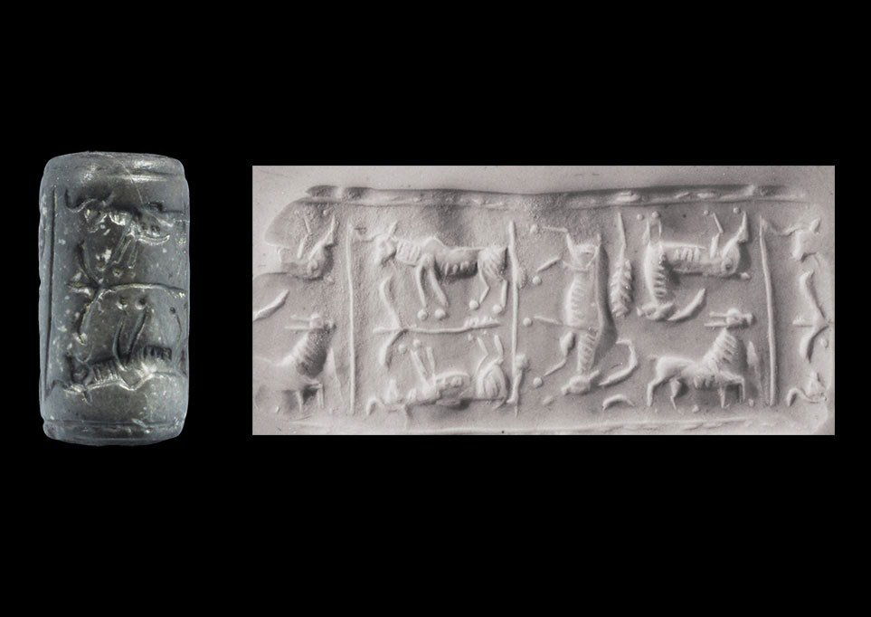 Near Eastern Syrian Cylinder Seal with Animals: 14th-10th century BC. A late Bronze Age / early Iron Age grey stone cylinder seal depicting two opposed horizontal rows of animals; each with two bulls flanked by ibexes. 2.97 grams, 18 mm (3/4"). Ex