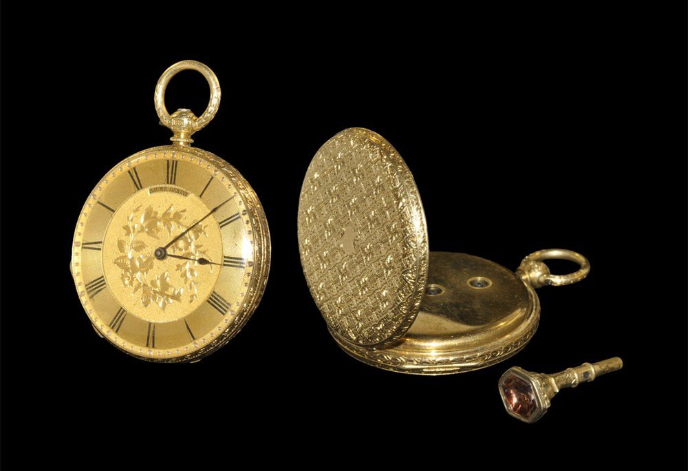 Antique Baume Swiss 18ct Gold Cased Pocket Watch: 19th century AD. An 18ct gold cased pocket watch by Baume of Geneva, the hallmarked (18K and D&D maker's mark) case back with full geometric engraving and plain escutcheon, the gold dial engraved with