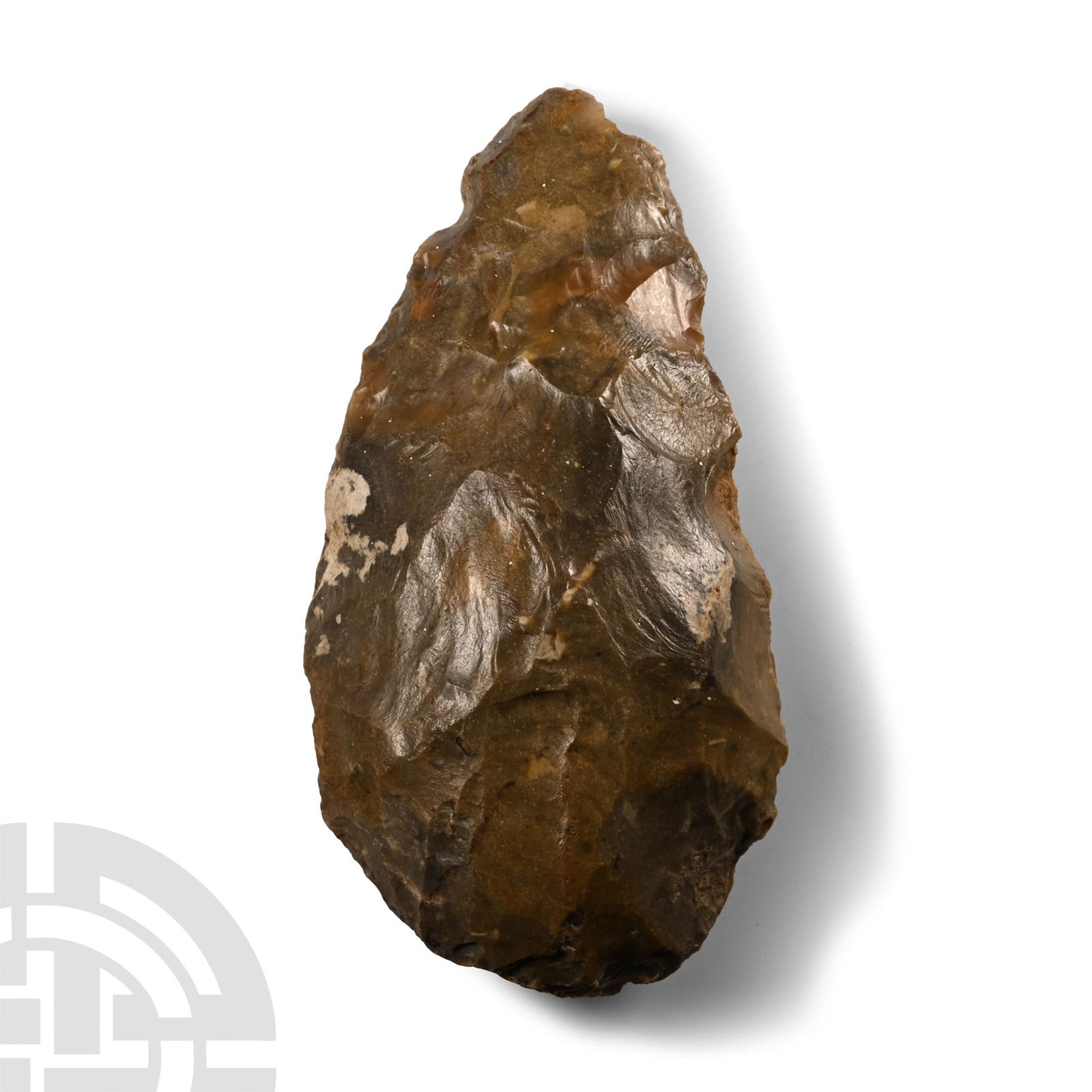 Large Stone Age Bifacial Flint 'Lancelot' Hand Axe: Lower Palaeolithic Period, circa 450,000-300,000 B.P. A large and substantial handaxe with glossy mottled patina. 708 grams, 18 cm (7 in.). 0 Found in the Somme region of Northern France. From the col
