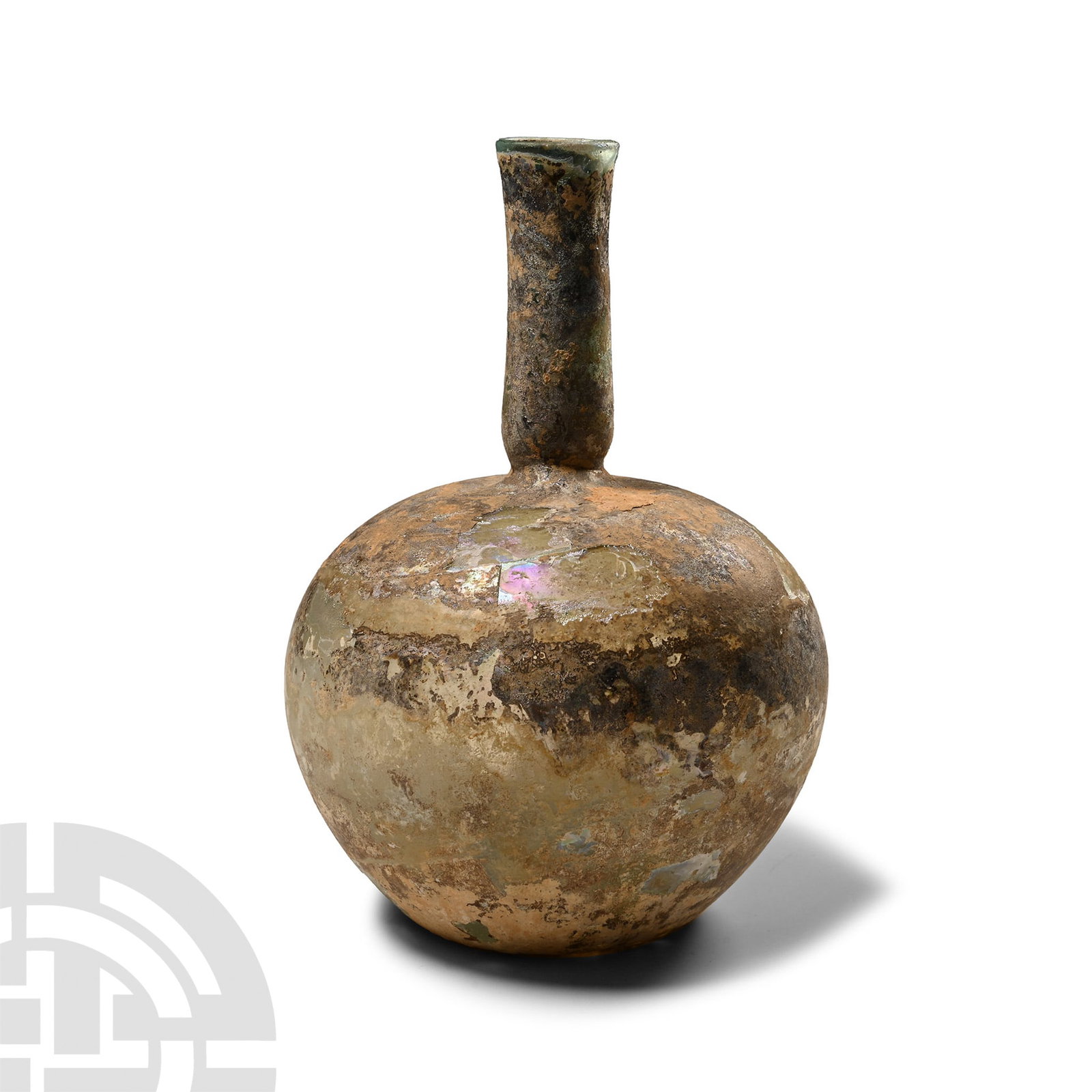 Roman Glass Bottle with Pinched Neck: 3rd-4th century A.D. With dimple base, piriform body, tall neck and rolled rim; pinched inside the bottom of the neck. 55 grams, 14 cm (5 1/2 in.). [No Reserve] From a family collection mostly formed 