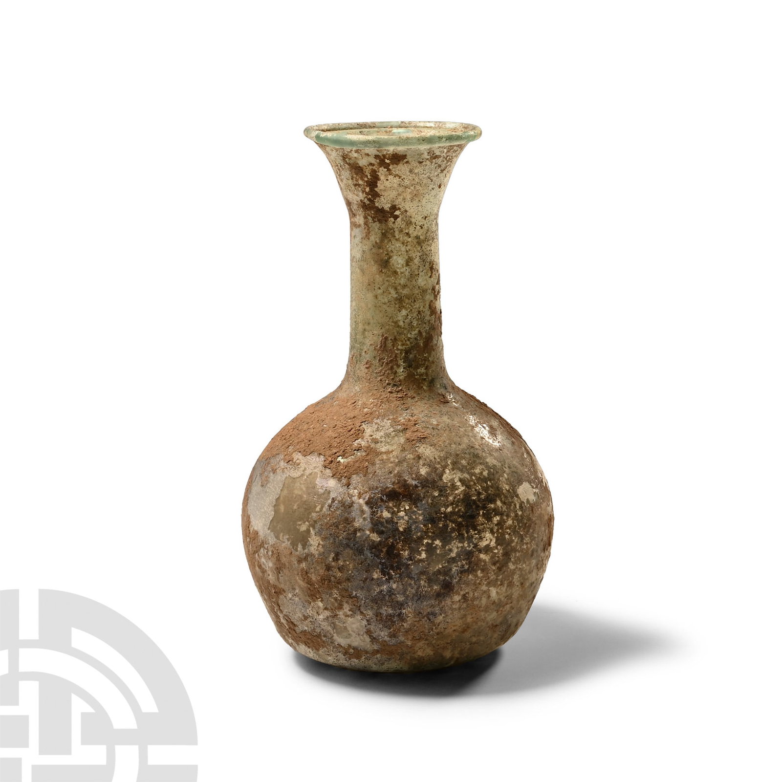 Roman Glass Toilet Bottle: 1st century B.C.-1st century A.D. With globular body, everted rim, cylindrical neck, rounded shoulder merging with concave wall, rounded base. Cf. Whitehouse, D., Roman Glass in the Corning Museum of 