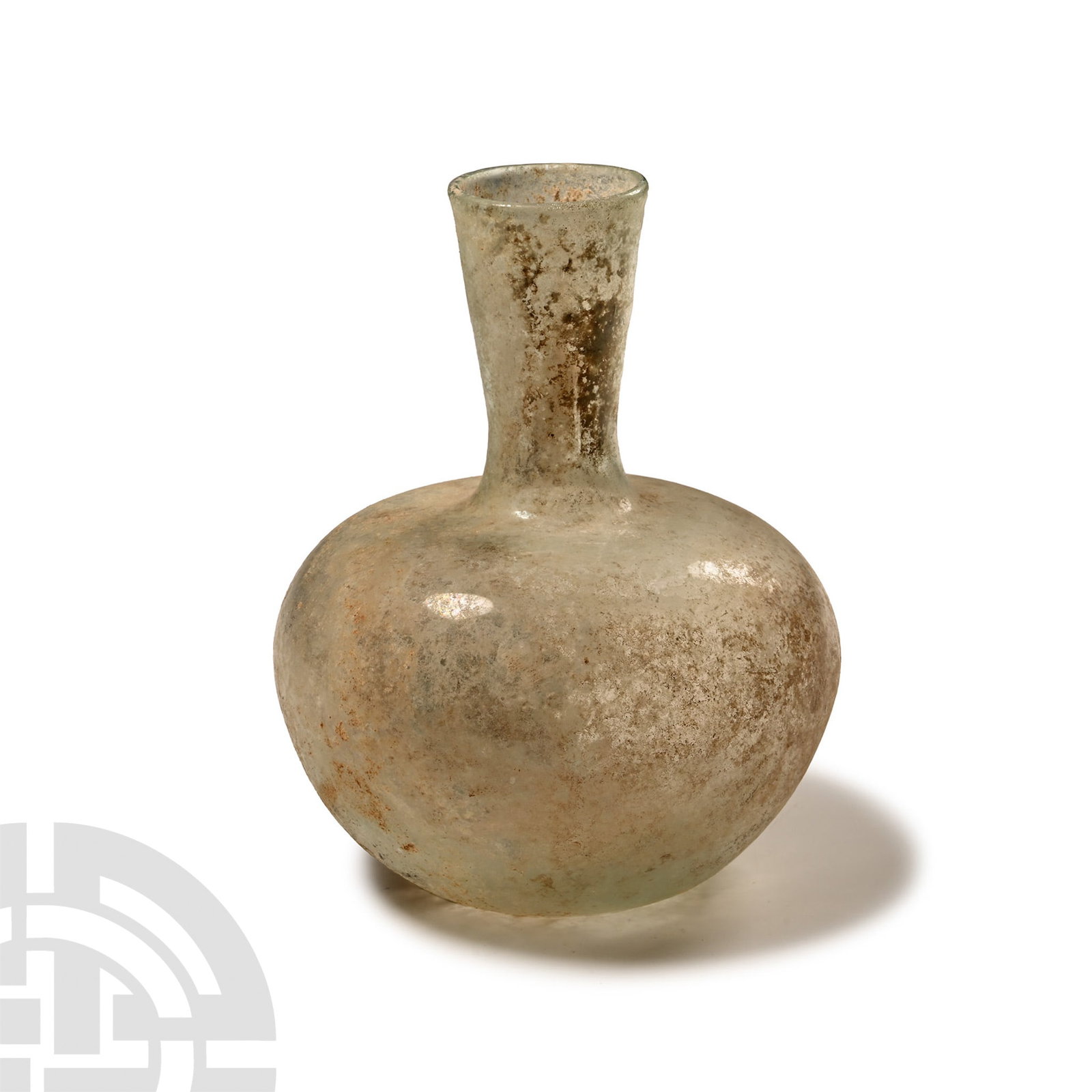 Roman Glass Bottle with Tapering Neck: 4th century A.D. Flask with squat bulbous body and broad shoulder, slender cylindrical neck with flared rim, dimpled base; iridescent surfaces. Cf. The Corning Museum of Glass, accession number 78.1.1