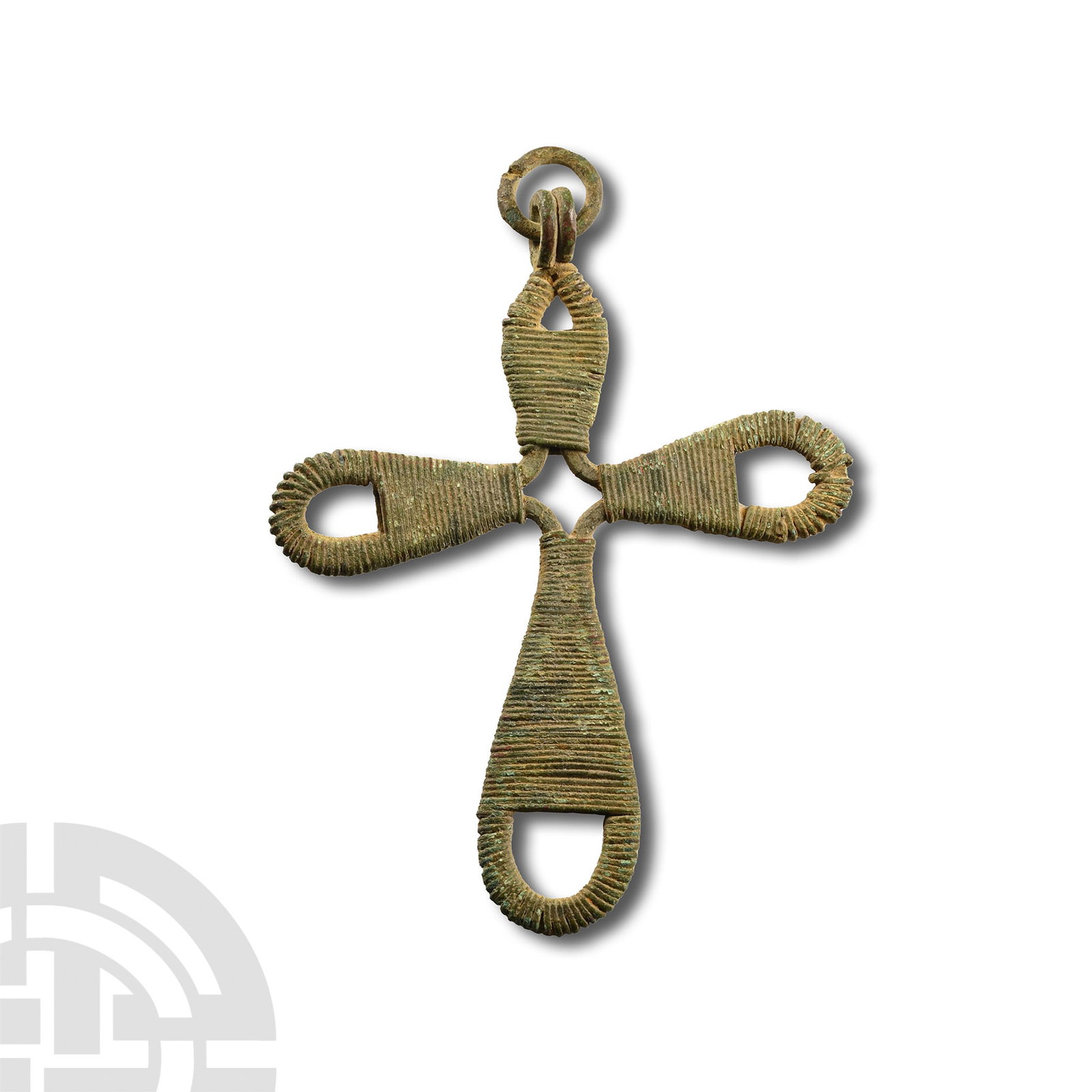 Post Byzantine Bronze Cross Pendant: 15th-16th century A.D. Formed as a wire rod in a cruciform design of four looped arms, with tightly-wound wire forming the panels and external loops; suspension loop and ring. 7.1 grams, 63 mm (2 1/2 