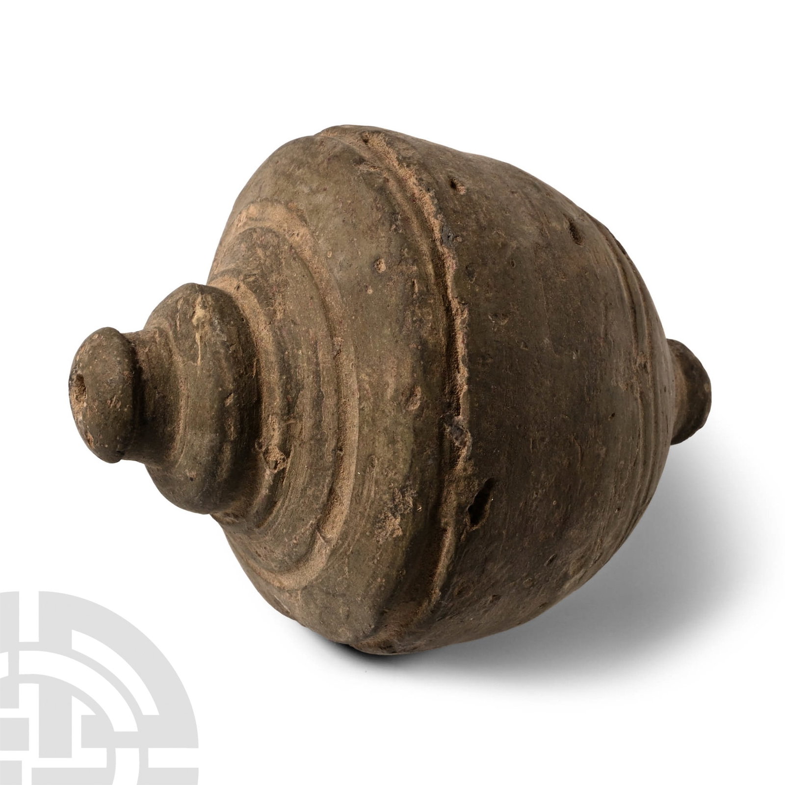 Byzantine 'Greek Fire' Ceramic Fire Bomb or Hand Grenade: 9th-11th century A.D. Piriform ceramic missile with domed filler-hole, concentric circle decoration to the body, intended to be filled with explosive liquid and wick, used as a hand grenade. Cf. Arend