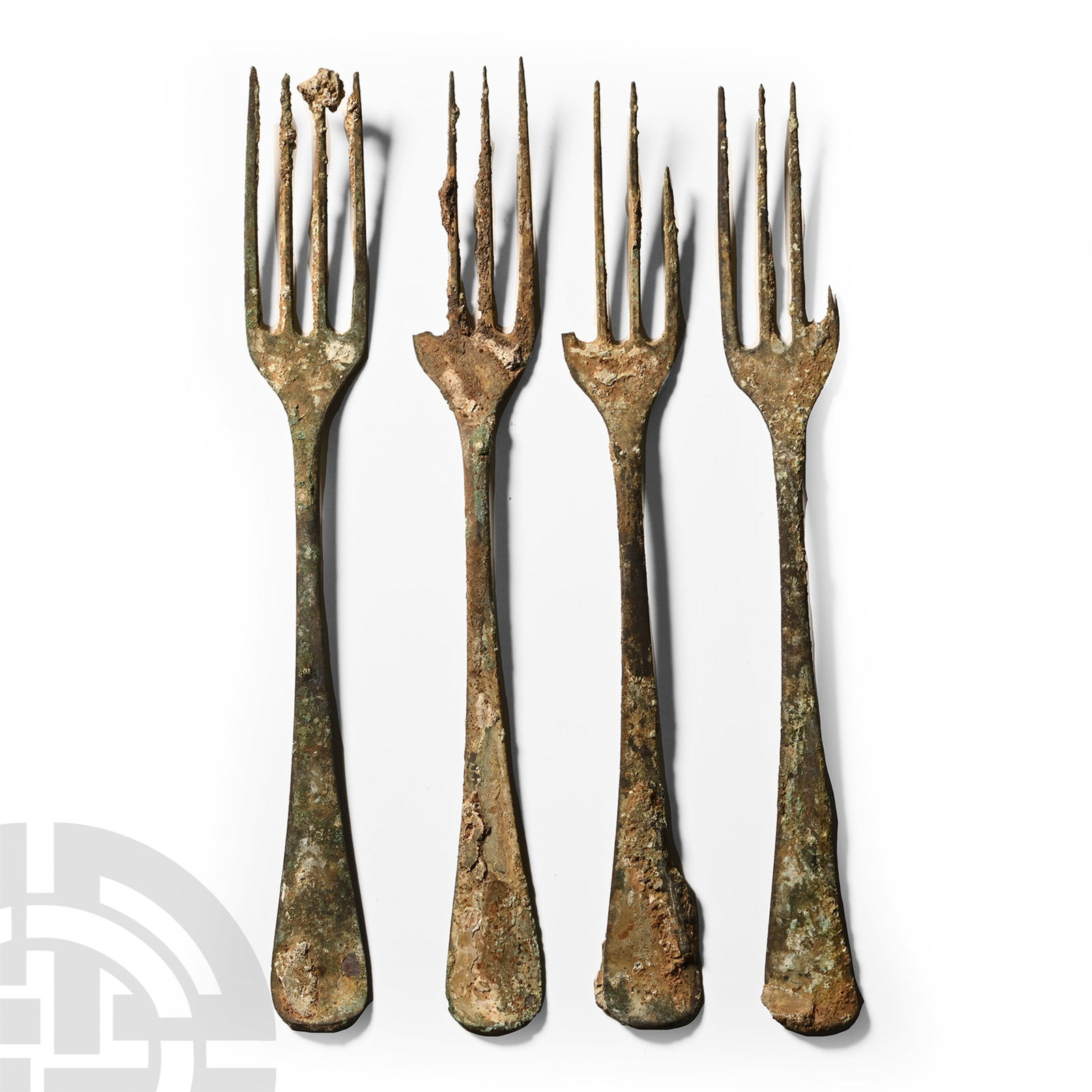 'Nuestra Senora de la Luz' Shipwreck Fork Set: Sunk 1752 A.D. Group of four table forks, each with tapering shank, slightly scooped finial, four-prong head. Exhibited at the museum 'Museo de los Naufragios y Tesoros' in Punta del Este, Uruguay, fr