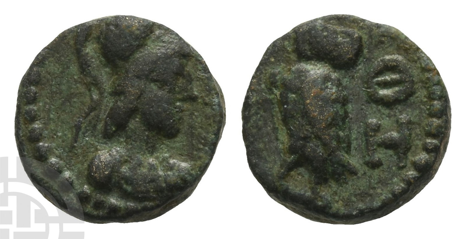 Attica, Athens AE 10mm.: Circa AD 120-175. Pseudo-autonomous issue. Agora Periods VB and C. Bust of Athena to right, wearing Corinthian helmet and aegis(?); all within dotted border / Owl standing to left, head facing, A-?? i
