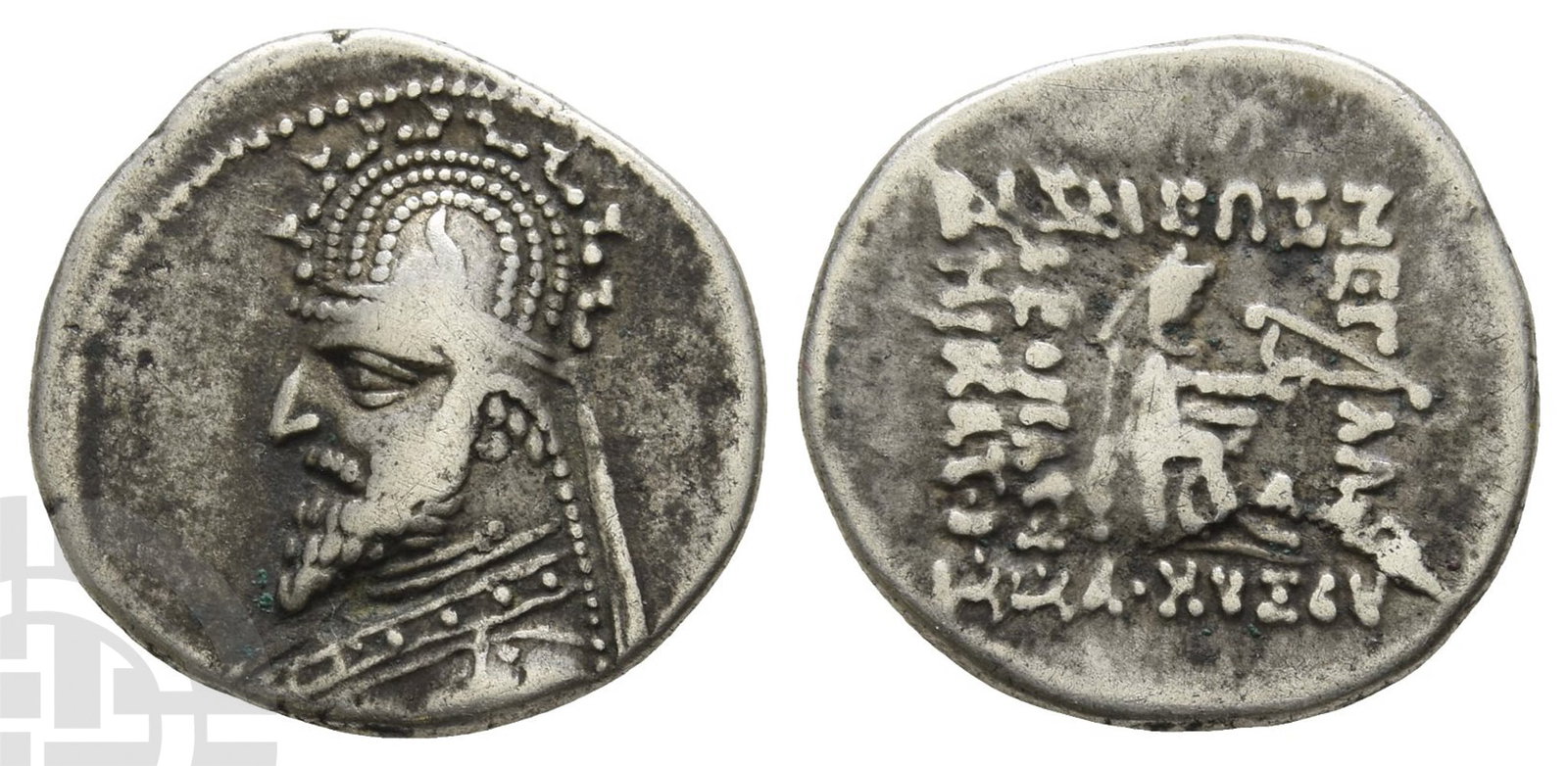 Kings of Parthia, Sinatrukes AR Drachm.: 93-69 BC. Rhagai. Diademed and draped bust to left, wearing tiara / BA?I?E?? ME?A?OV AP?AKOY ?EO?ATOPOY NIKATOPO?, archer (Arsakes I) seated to right, holding bow. Sellwood 33.4 ('Gotarzes I'); Shore 