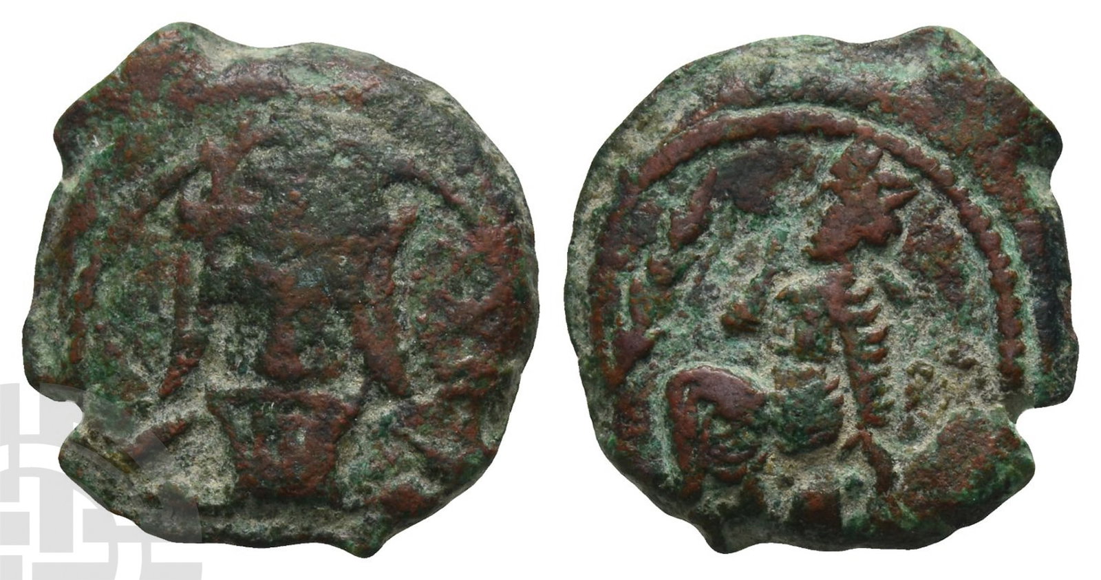 Kings of Parthia. Vologases III AE Dichalkon.: Circa AD 105-147. Seleukeia mint. Dated Seleucid Era 451 (AD 139/140). Crowned facing bust wearing tiara; ANY (date) upwards to right / Tyche seated to left on column; palm to left. Sellwood 79.50; Sh