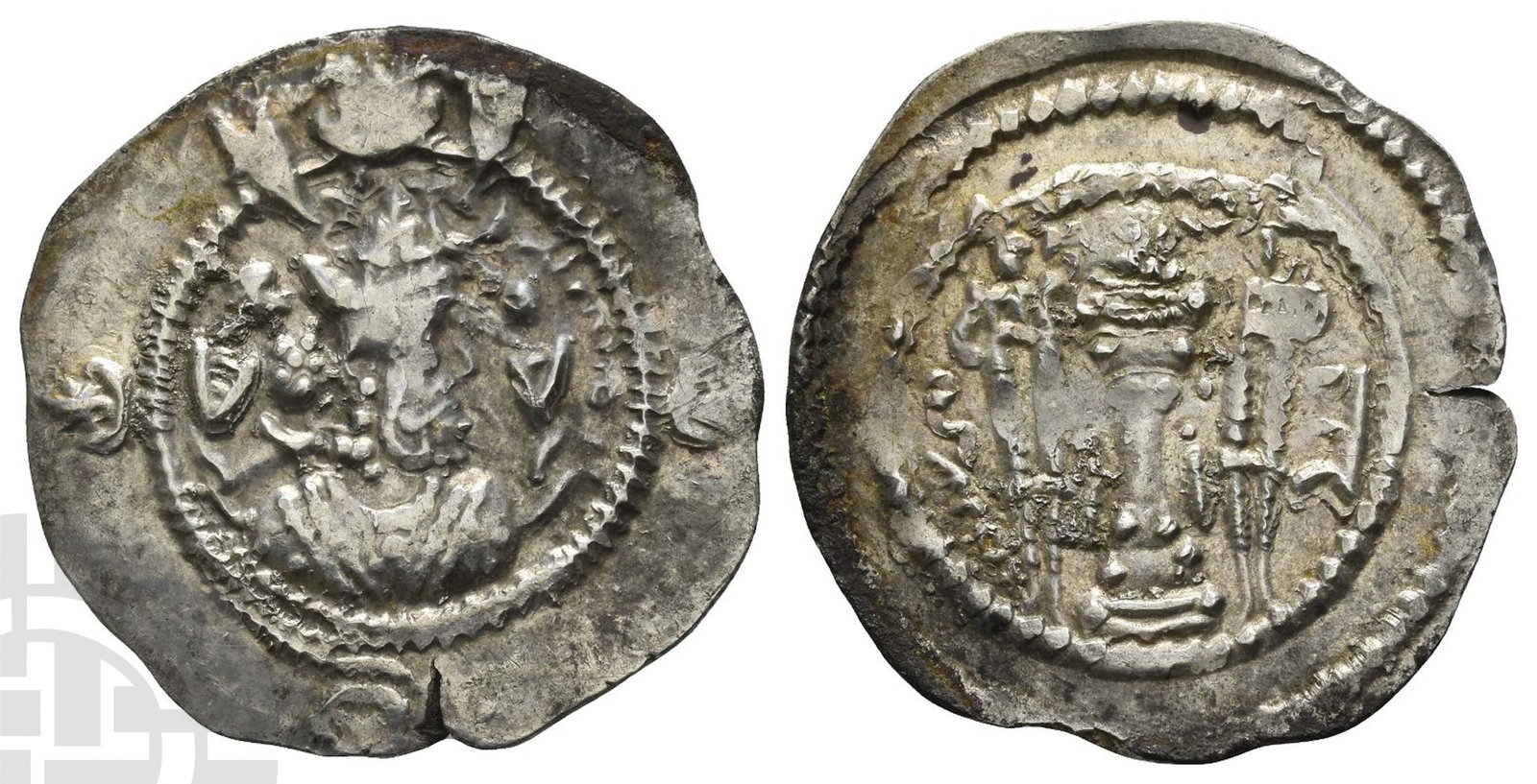Sasanian Kingdom, Kavad I AR Drachm.: AD 488-496 & 499-531. AU [Auhrmazd Artashir (Ahwaz)] mint. Uncertain date. Draped bust to right, wearing mural crown with two wings, frontal crescent and korymbos set on crescent, stars flanking; ribb