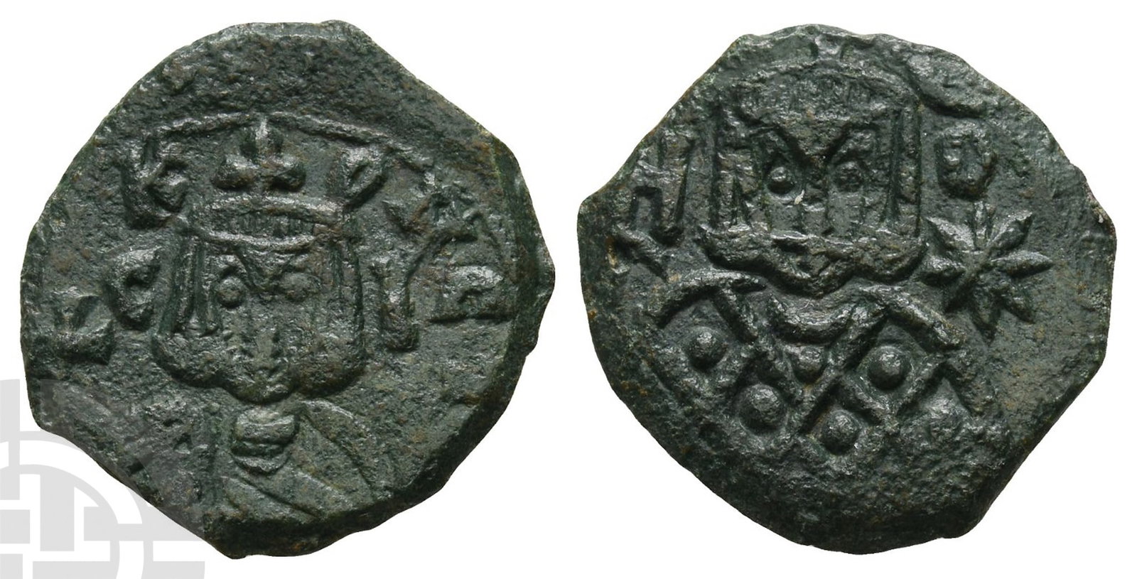 Leo V the Armenian with Constantine AE Follis.: AD 813-820. Syracuse mint. Crowned facing bust of Leo, wearing loros and holding cross potent; [?] to left, [?] O ? to right / K-ONCT, crowned facing bust of Constantine, wearing chlamys and holding g