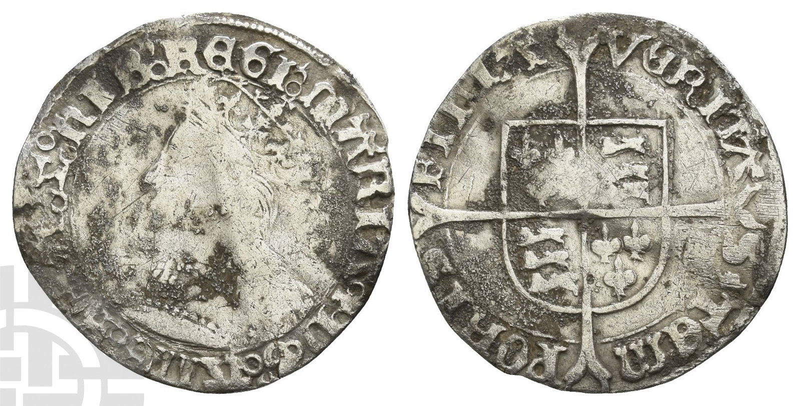 England. Tudor, Mary AR Groat.: 1553-1554. Tower (London) mint; i.m: pomegranate. ??RI? ?(pomegranate)? D ?' G ?' ?nG ?' FR? ?' Z(reversed) ?? ?iB ?' R?GI ?', crowned bust to left / V?RIT?-S (pomegranate) T??-PORIS FILI?, coat-of-ar