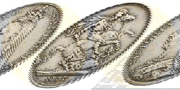 Great Britain. Hanover, Victoria AR Crown.: 1837-1901. London mint. Dated 1887. Jubilee head type. Designs by Joseph Edgar Boehm and Benedetto Pistrucci. VICTORIA D : G : BRITT : REG : F : D :, crowned, veiled and draped bust to left; J.E.B. in