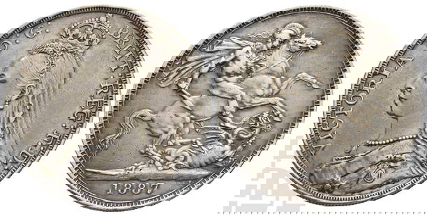 Great Britain. Hanover, Victoria AR Crown.: 1837-1901. London mint. Dated 1887. Old Head coinage. Designs by Joseph Edgar Boehm and Benedetto Pistrucci. VICTORIA D: G: BRITT: REG: F: D:, crowned, veiled and draped bust to left; J.E.B. in small