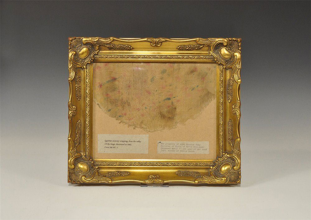 Egyptian Framed Mummy Wrapping: 2nd century BC-1st century AD. A fragment of textile mummy wrapping in tabby weave with central panel of a different weave, blue and red design; mounted in an ornate gilt frame with paper labels Egypt