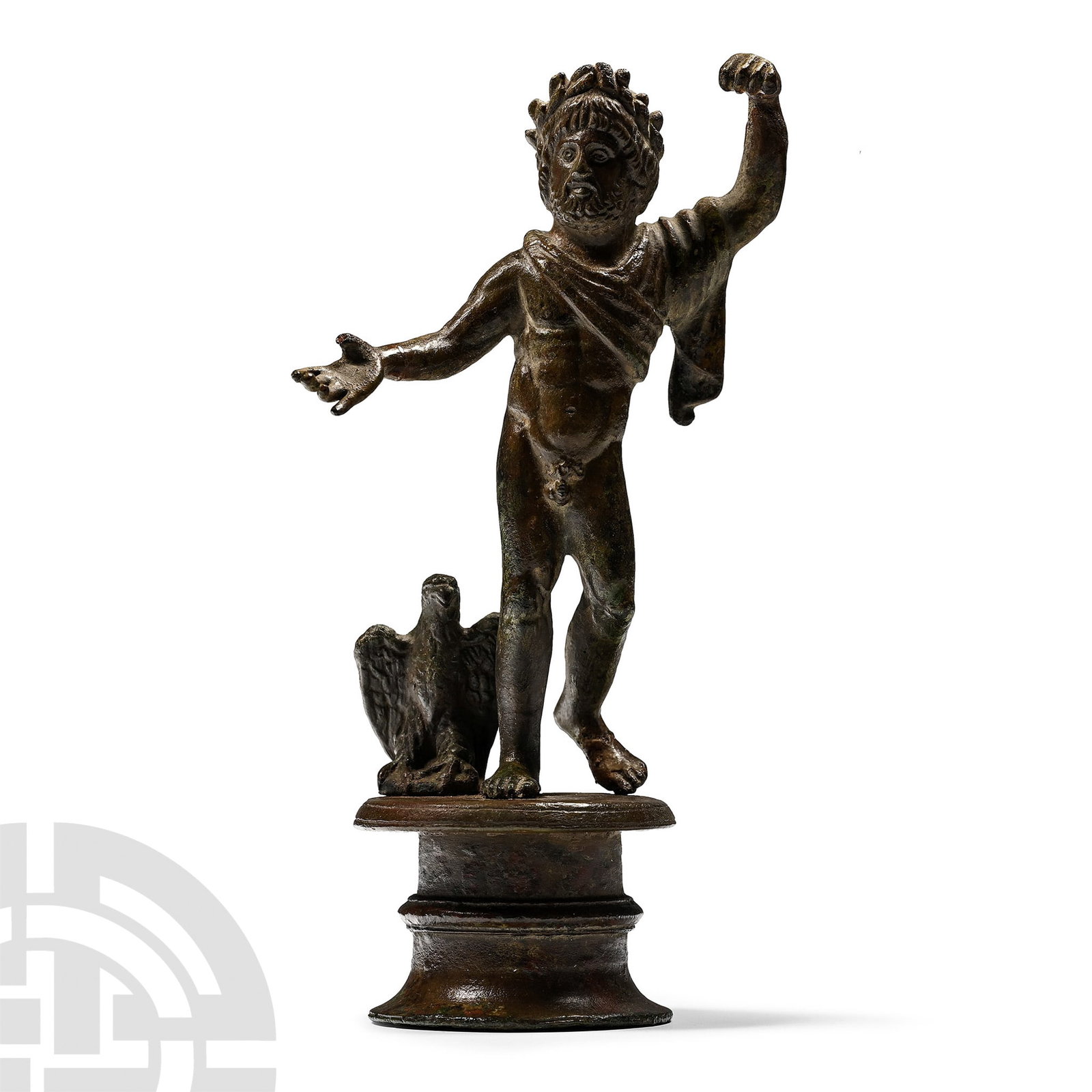 Roman Bronze Statue of Zeus with Eagle: 2nd-3rd century A.D. Standing nude with a wreath resting on his head, hair and beard forming a dense mass of curls; naturalistic facial detailing, long and slender muscular torso, depicting a harmonio