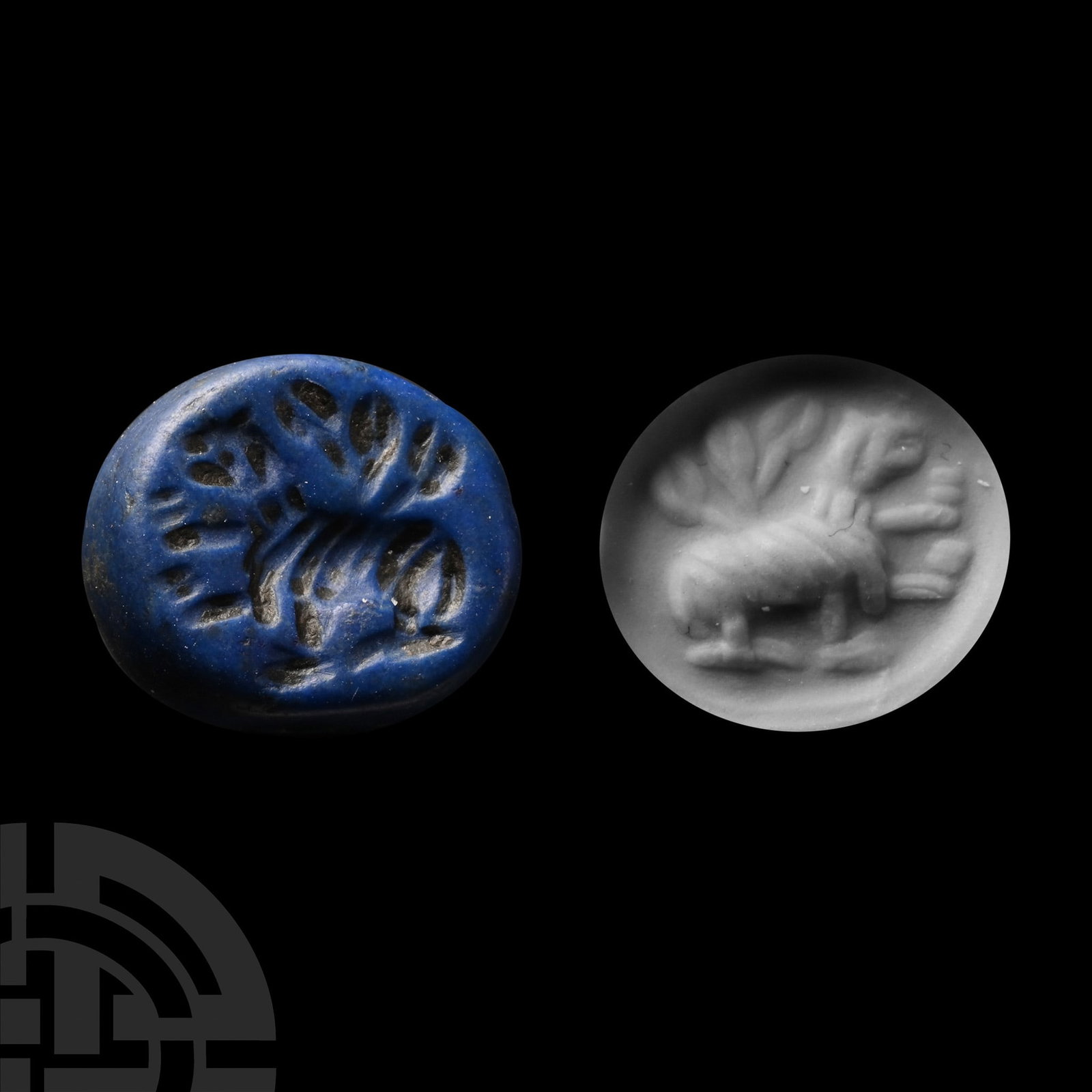Graeco-Persian Lapis Lazuli Stamp Seal with Lion: 5th century B.C. Plano-convex with intaglio scene to underside, sheep in profile beside a tree; supplied with a museum-quality impression and old dealer's label with impression. 1.9 grams, 12 mm (1/2 
