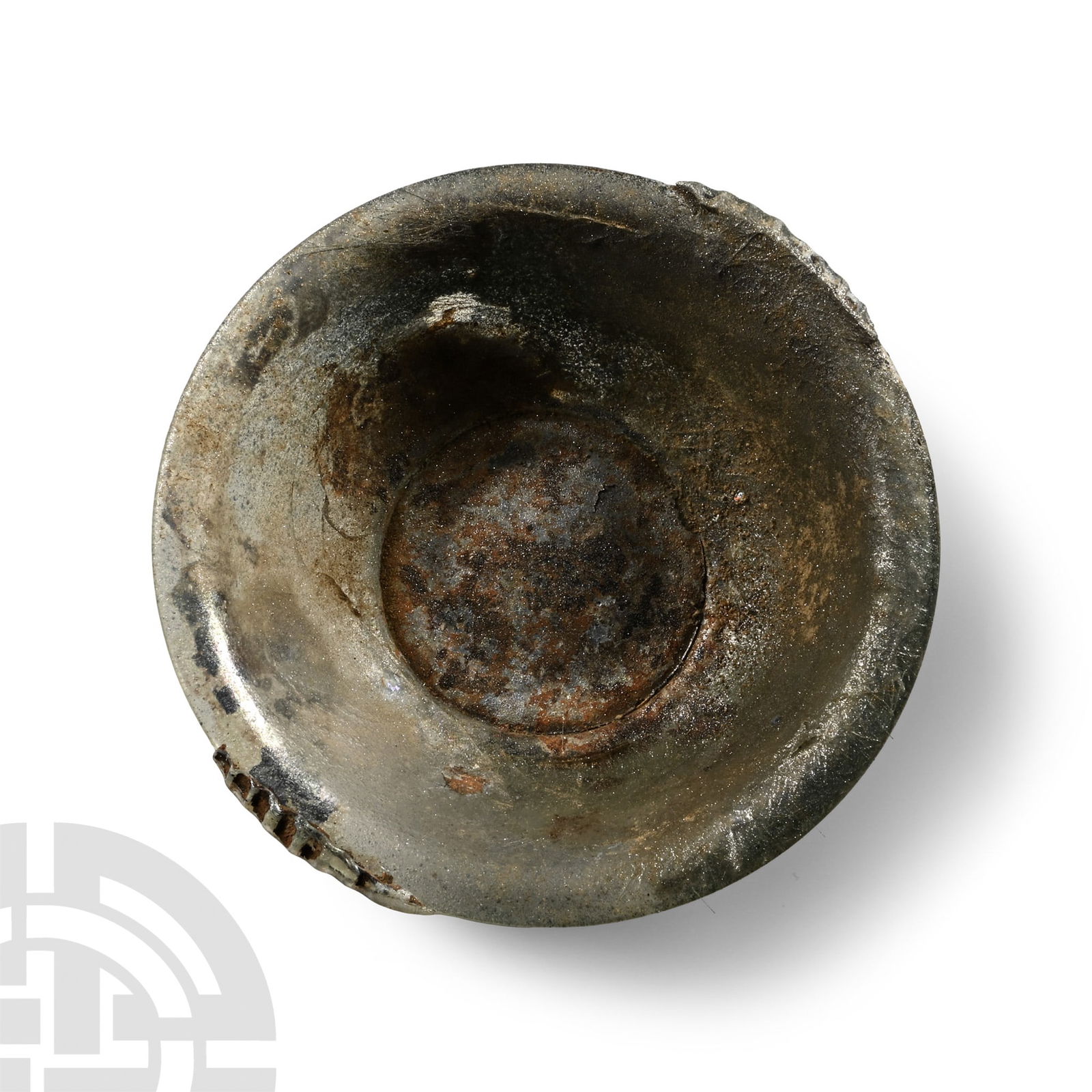 Roman Glass Vessel: 1st century A.D. Translucent glass with applied trail foot, applied handles with pinched detailing, iridescent surface; restored. Cf. The Corning Museum of Glass, accession number 300-399, for general