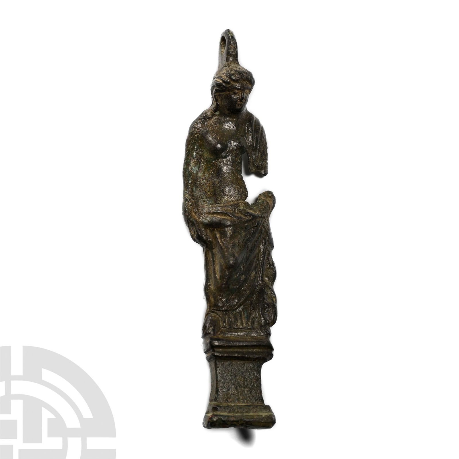 Roman Bronze Lock Plate Figure: 2nd-3rd century A.D. Depicting Venus with her head lowered, nude upper body and lower body wrapped in voluminous garment; suspension loop above. 32.8 grams, 93 mm (3 5/8 in.). Ex German art market, 20
