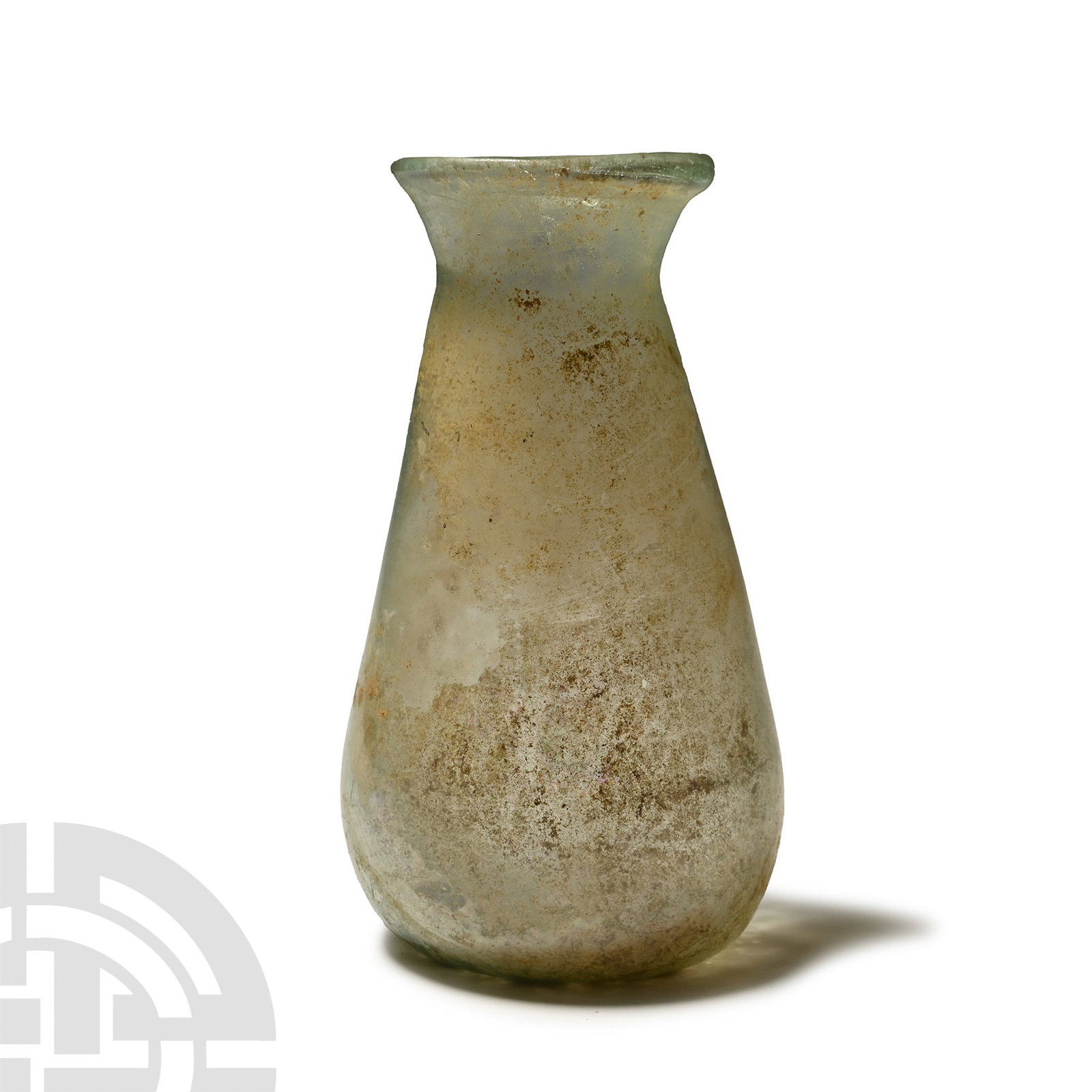 Roman Glass Jar: 4th century A.D. Piriform in profile with flared neck and rolled rim, dimple base. Cf. Lightfoot, C.S., Ancient Glass in National Museum Scotland, Edinburgh, 2007, p.121, no.292, for the type. 36 gram