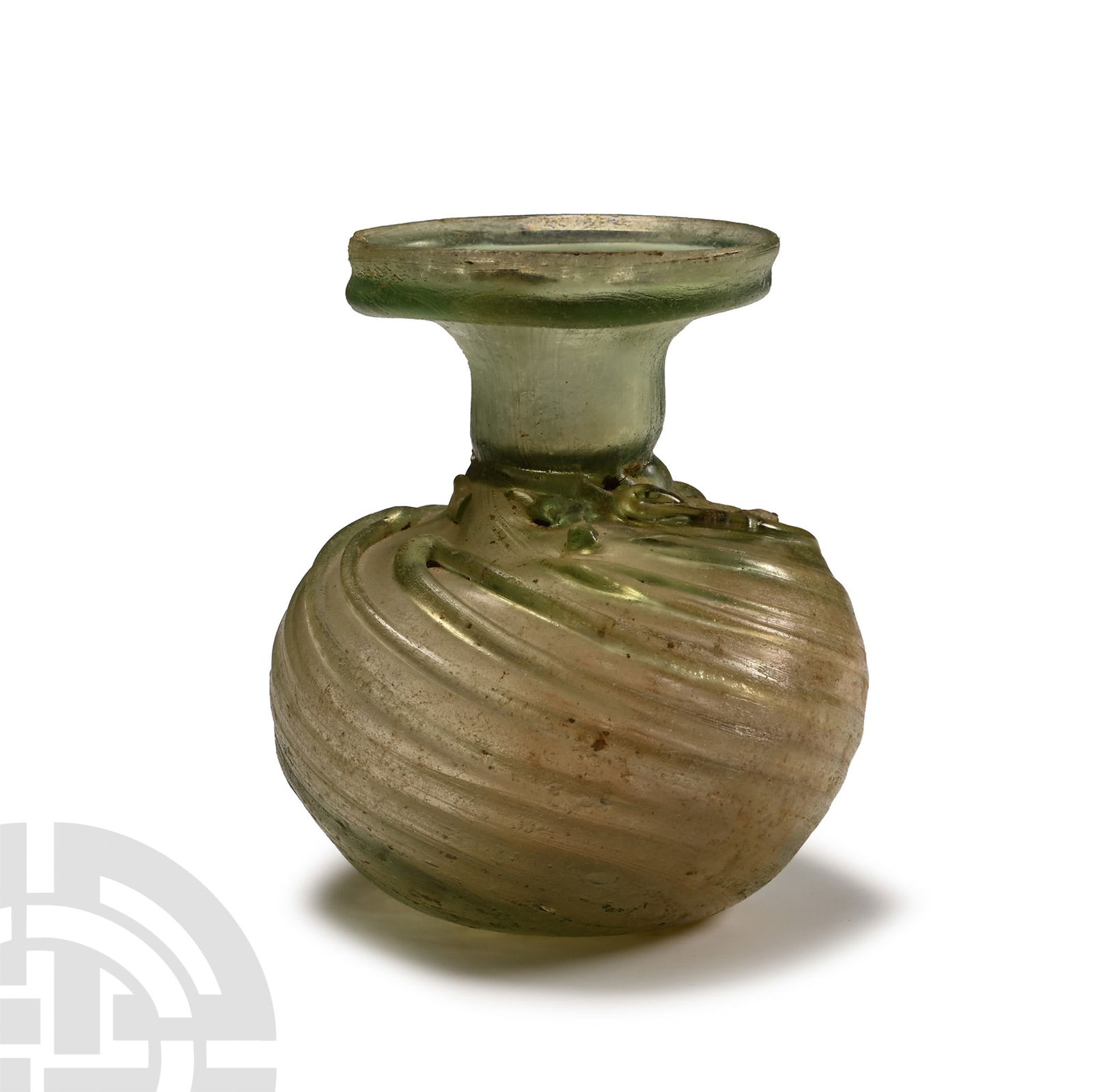 Roman Glass Sprinkler Flask: 3rd-4th century A.D. Globular, thick-walled body with spiral ribs; short neck constricted at the bottom leaving only a narrow opening allowing the controlled release of precious oils drop by drop; bro
