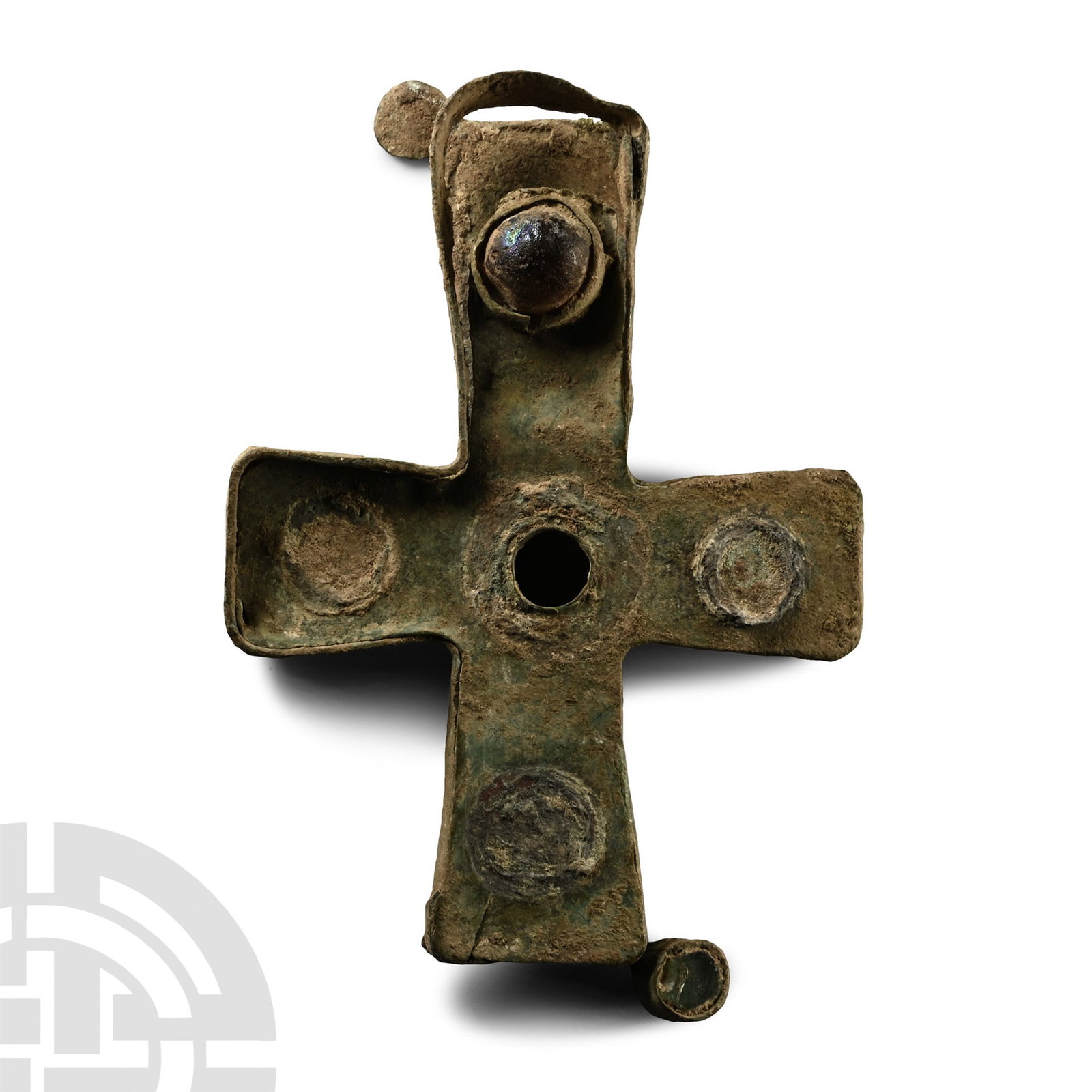 Byzantine Bronze Reliquary Cross Pendant: Circa 8th-10th century A.D. Hollow-formed sheet-bronze enkolpion with cells to the angles (two remaining), five large cells to the obverse with inset cabochon (one remaining). See Pitarakis, B., Les C