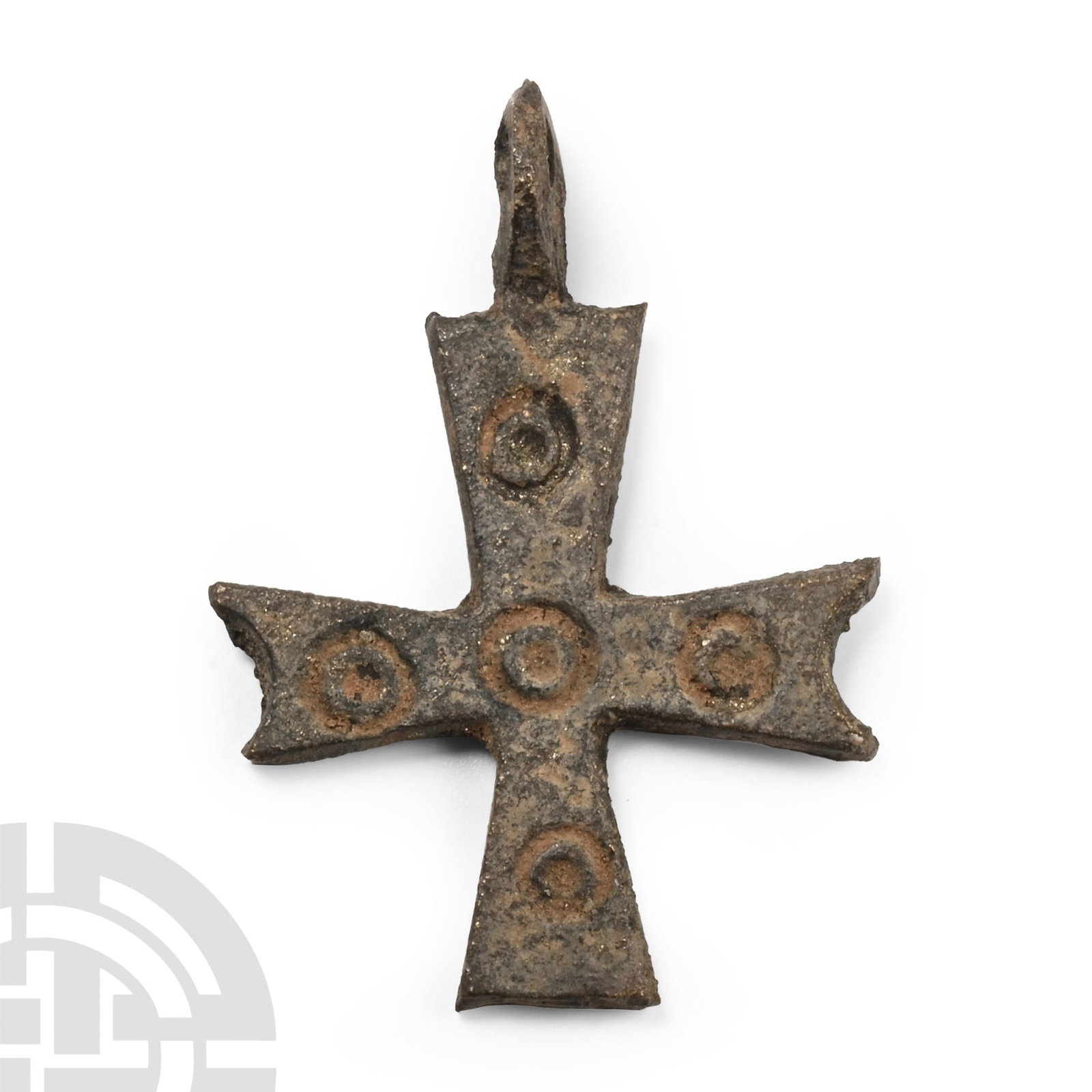 Byzantine Bronze Cross: 6th-8th century A.D. Integral loop and punched ring-and-dot decoration. 4.53 grams, 36 mm (1 3/8 in.). [No Reserve] Acquired 1980-2015. Ex Abelita family collection.