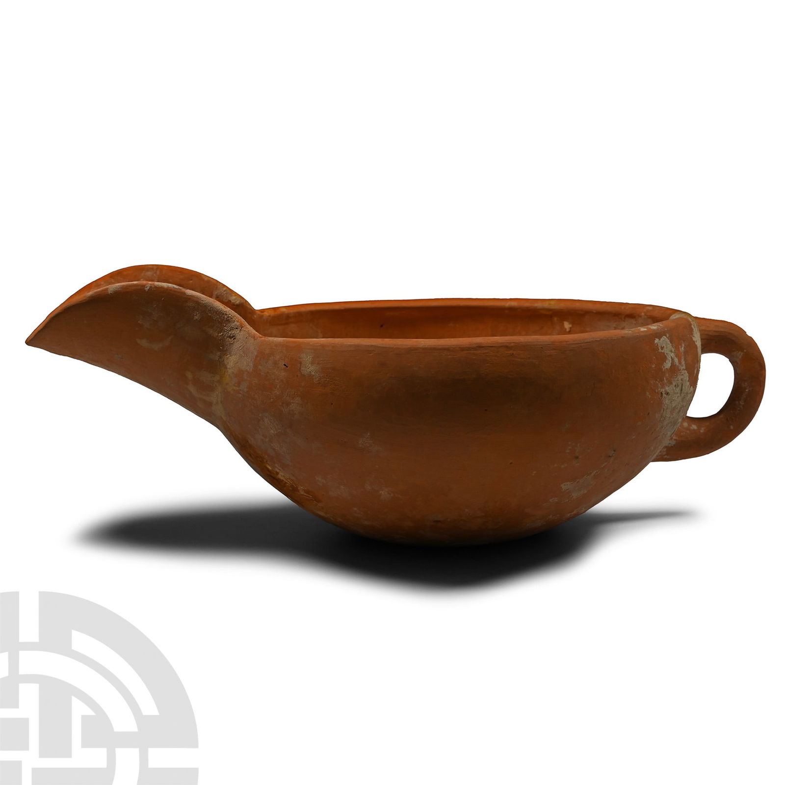 Amlash Terracotta Pouring Bowl: 1st millennium B.C. Squat in profile with broad base, loop handle to rear, broad U-section pouring lip. 789 grams, 31 cm (12 1/4 in.). From a London, UK, gentleman's collection of ancient pottery and