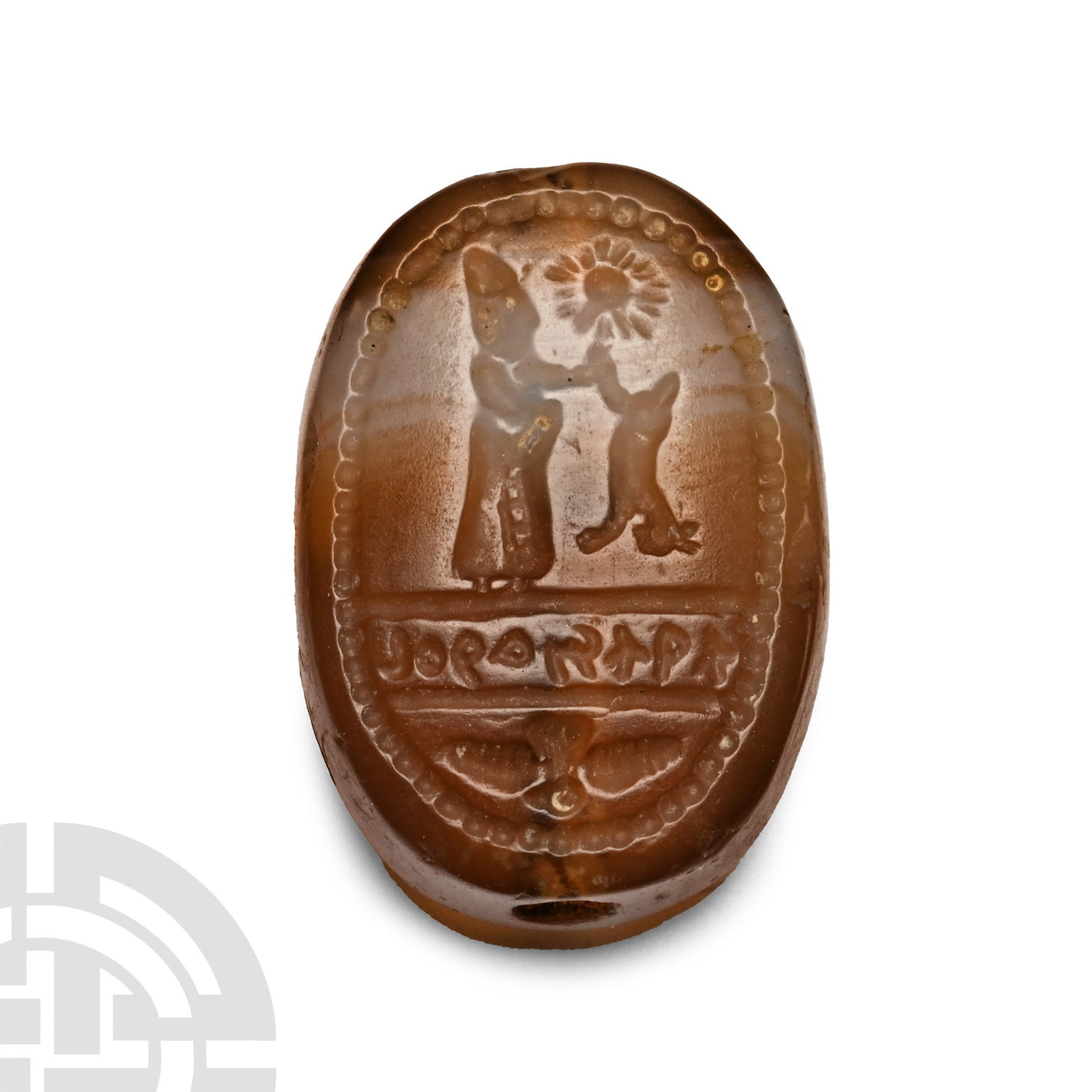 Agate Scaraboid Stamp Seal: 1st millennium B.C. or later. Scaraboid type in banded agate with domed upper face, obverse with beaded ring enclosing three panels: upper, a standing robed figure holds up a deer by its hindleg (in s