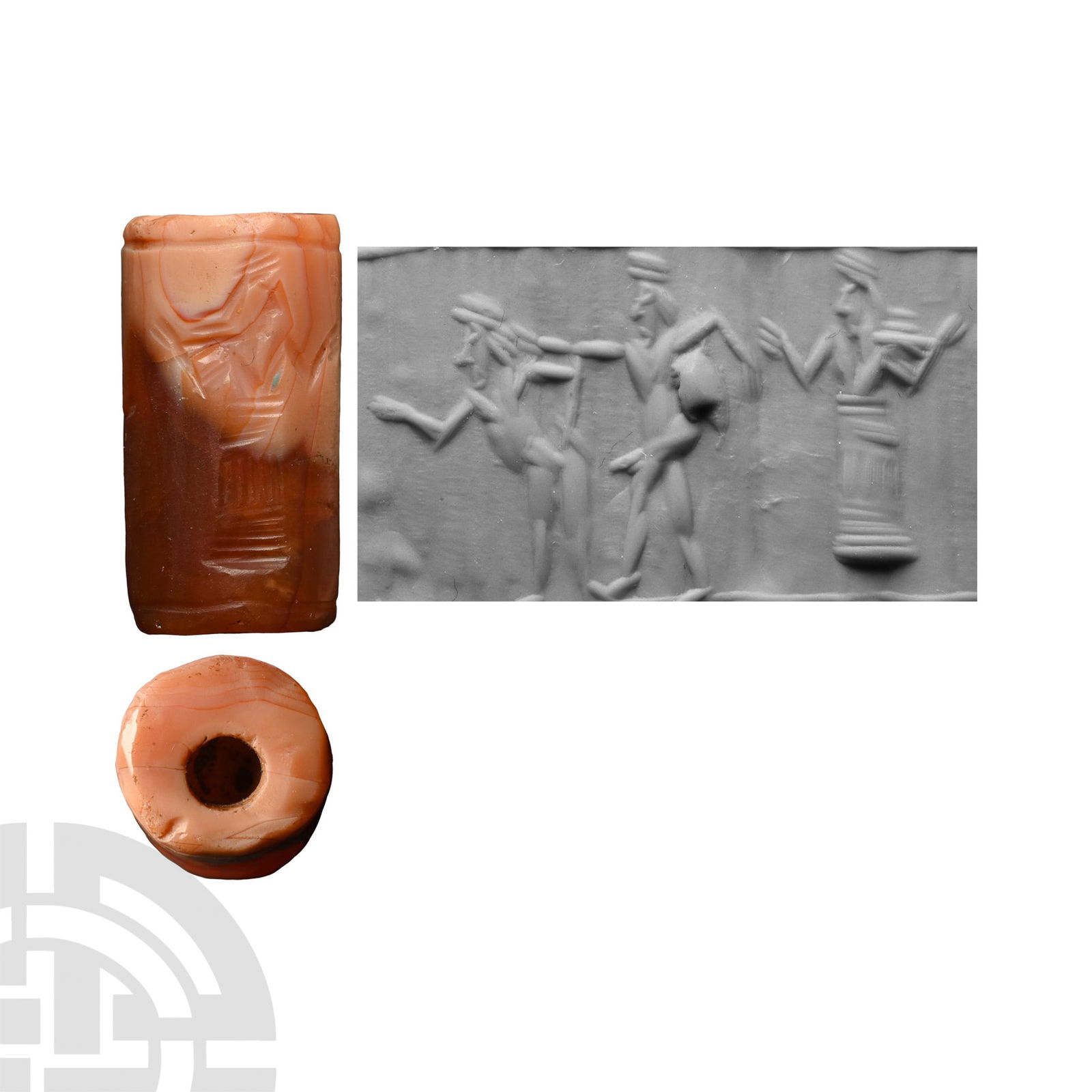Neo Babylonian Agate Cylinder Seal: Circa 1000-800 B.C. With a standing robed figure with his hands lifted in adoration, two nude advancing figures before him. 5.15 grams, 22 mm (7/8 in.). [No Reserve] UK private collection before 2000.