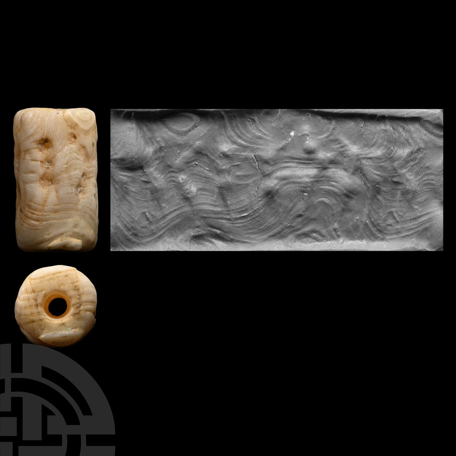 Old Babylonian Alabaster Cylinder Seal: Early 2nd millennium B.C. With frieze of robed figures in procession; supplied with a museum-quality impression. 1.16 grams, 14 mm (1/2 in.). Ex Cotswold collection, UK, 1980-1990. Examined by Profess