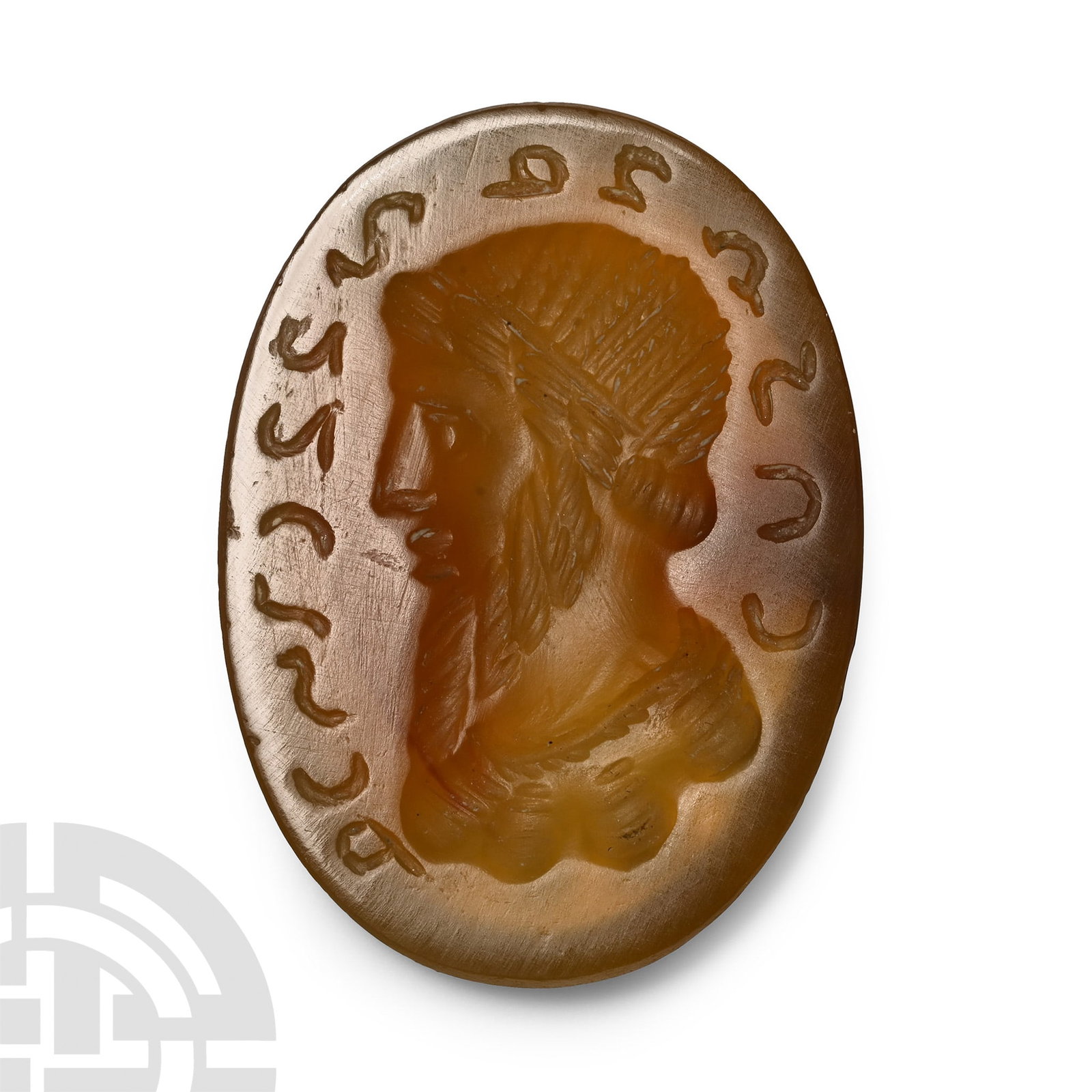 Parthian Agate Gemstone with Bust: Circa 1st century B.C. Ellipsoid carnelian cloison with central intaglio profile bearded bust, epigraphic Pahlavi legend to the rim. Cf. Gyselen, R., Catalogue des sceaux, cam?es et bulles sassanides 