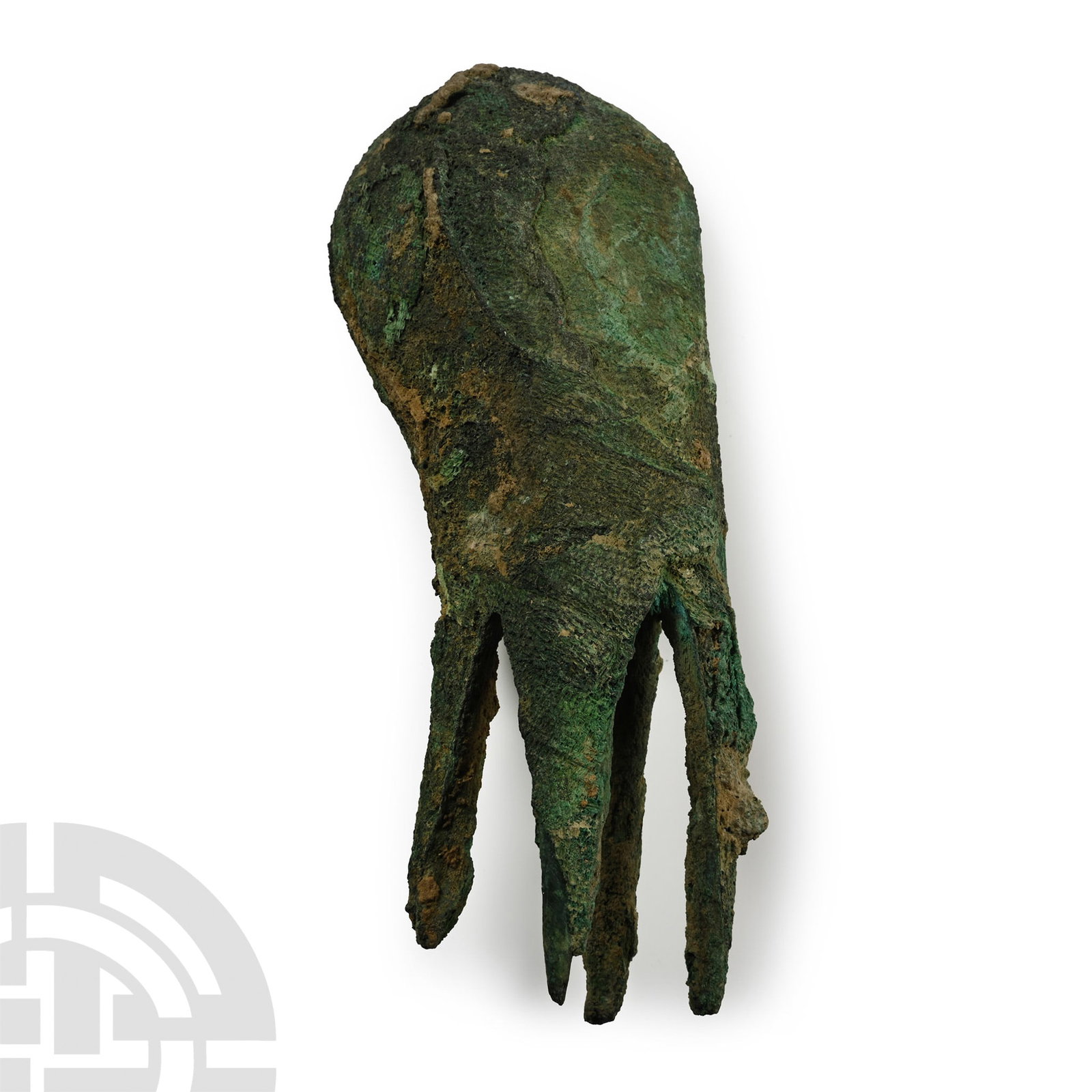 Bactrian Bronze Claw Axehead-Mace: 2nd-1st millennium B.C. Egg-shaped with spiked sleeves or prongs, the top of the weapon with a narrow edge. 190 grams, 10.9 cm (4 1/4 in.). Acquired on the UK art market before 2000. Property of an Es