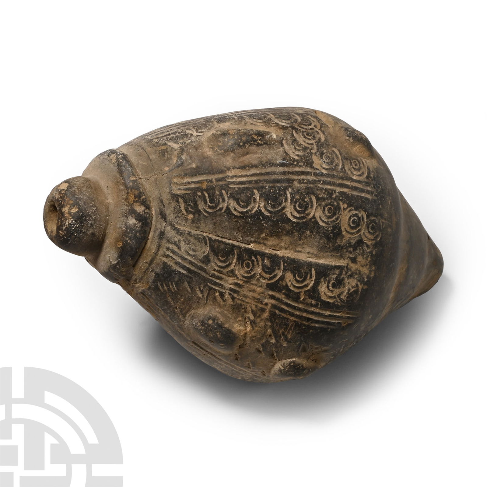 Turco-Mongol 'Greek Fire' Ceramic Fire Bomb or Hand Grenade: 13th-15th century A.D. A piriform missile with raised lugs arranged in pairs, impressed lines and concentric circles in between, domed filler hole, intended to be filled with explosive liquid and wick