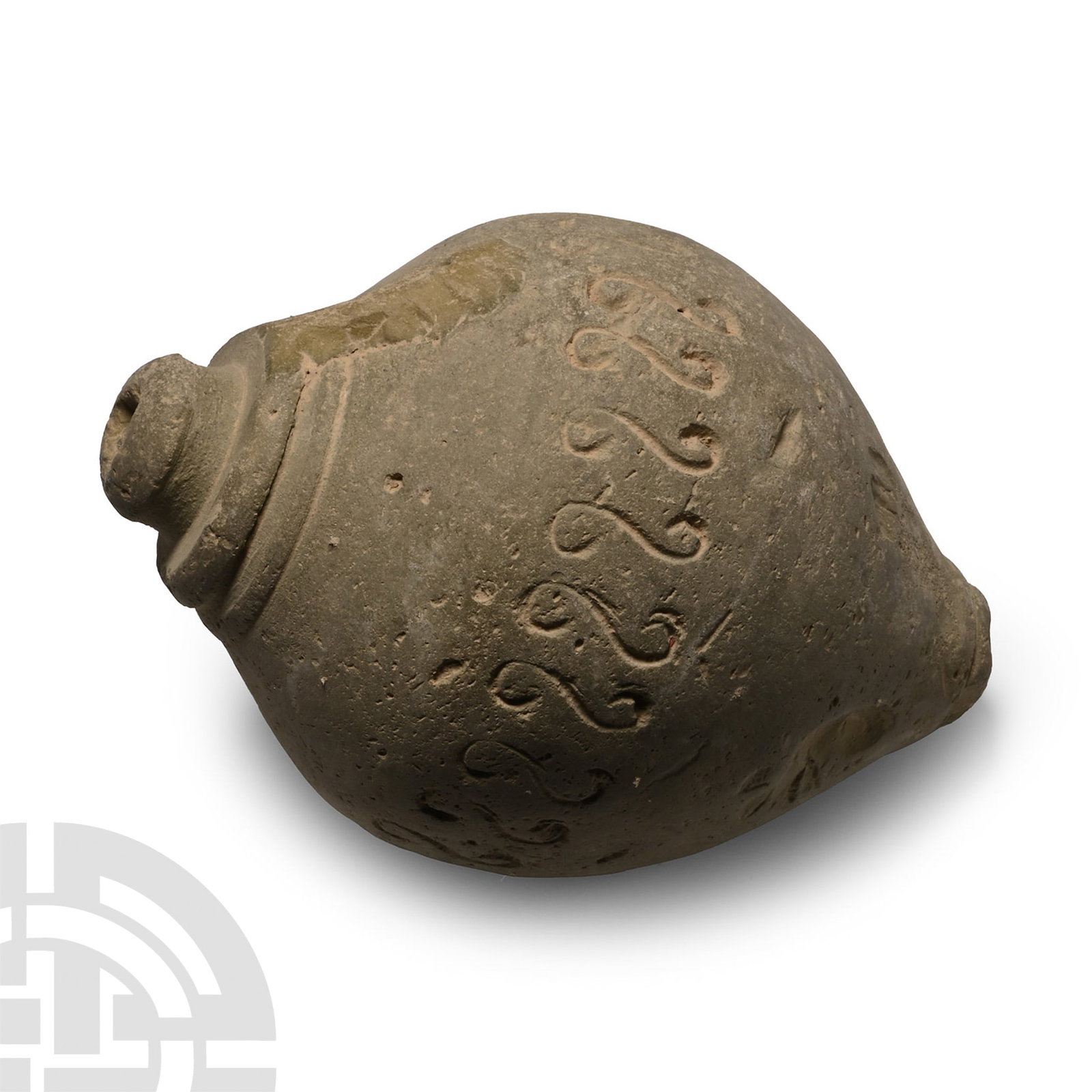 Byzantine 'Greek Fire' Ceramic Fire Bomb or Hand Grenade: 9th-11th century A.D. A large piriform missile with domed filler-hole, a band of stamped scroll motifs to the shoulder, intended to be filled with explosive liquid and wick, used as a hand grenade. Cf