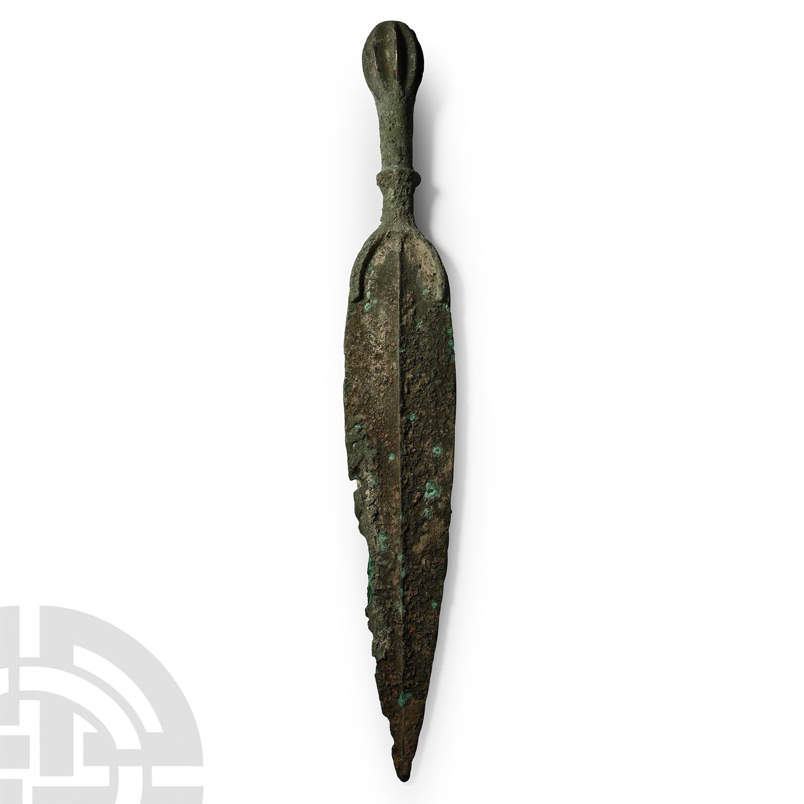 North-Western Persian Bronze Short Sword with Spherical Pommel: Late 2nd-early 1st millennium B.C. The hilt with flanged pommel, round grip with horizontal flange, crescentic guard, long foliate blade with rectangular-section mid-rib. Cf. Khorasani, M.M., Arms and