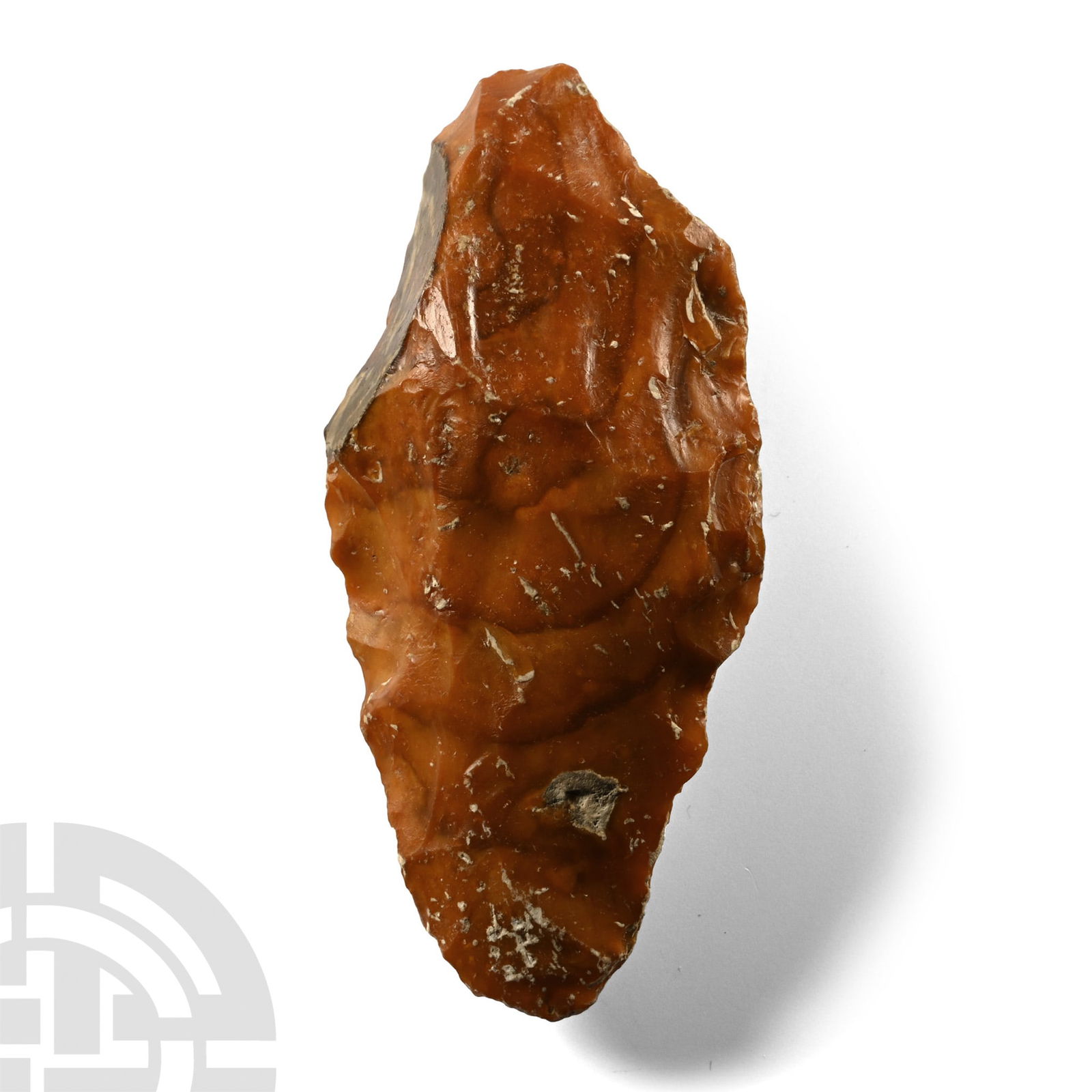 Superb Stone Age Knapped Dark Red Pointed Flint Hand Axe: Middle Palaeolithic Period, 250,000-60,000 B.P. Lentoid in section with point at each end, some cortex remaining. 154 grams, 11.2 cm (4 3/8 in.). [No Reserve] Found Aisne, France. Ex Norfolk, UK, priv