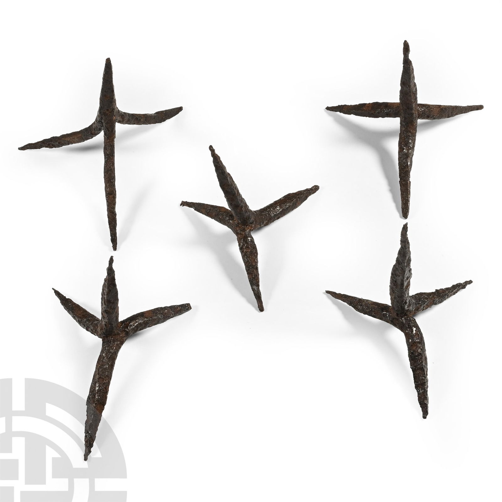 Medieval Iron Anti-Cavalry Caltrop Group: 13th-14th century A.D. Each hand-forged with square-section spikes, designed so that however the item falls, one spike is always vertical. Cf. Trapp, Graf, O., & Scalini, M., L'Armeria Trapp di Castel