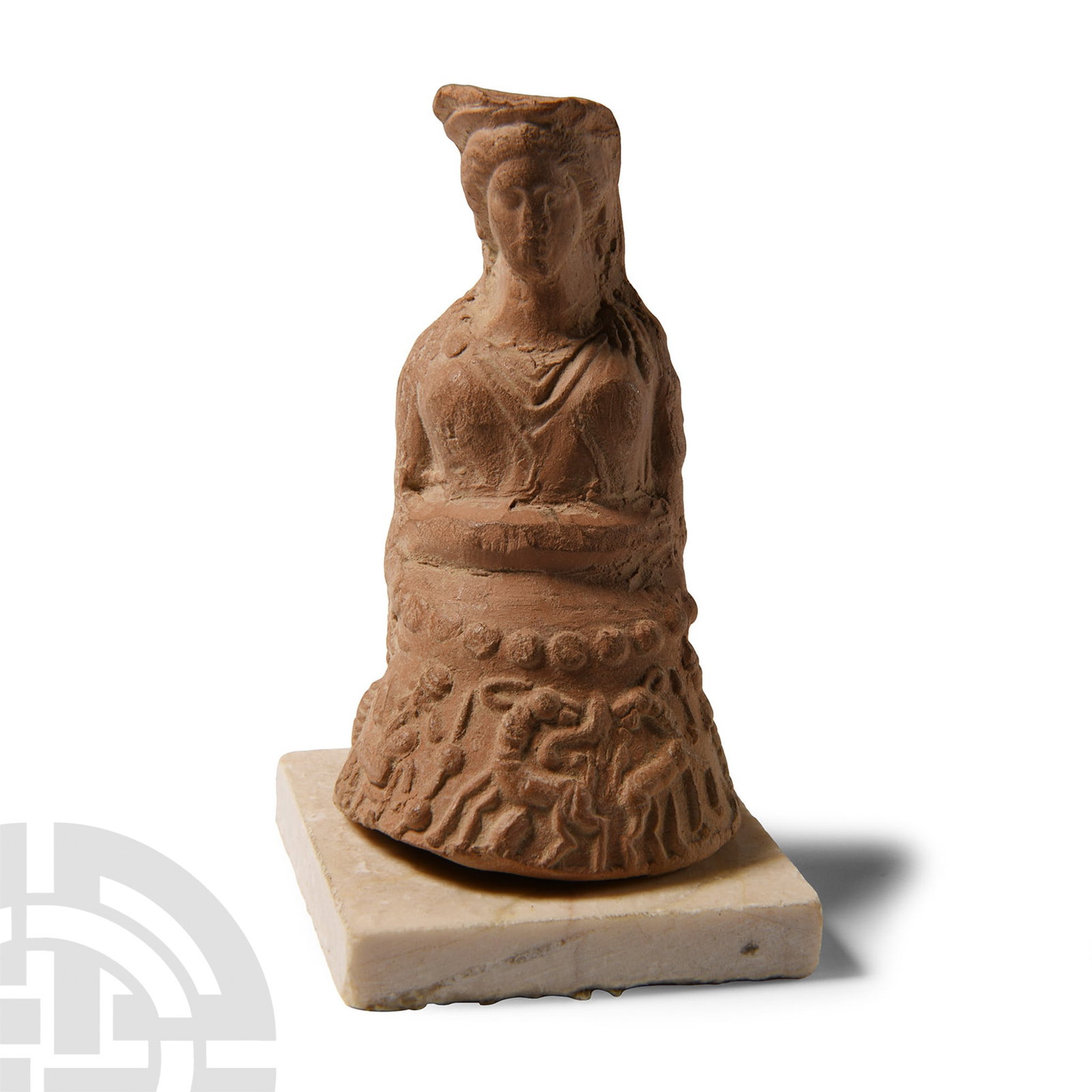Roman Style Terracotta Goddess Figure: 20th century A.D. Formed as a seated female with crowned diadem, braided hanks of hair, brooches to the shoulders, frieze of animals to the lower body; after the antique; mounted on a custom-made stan