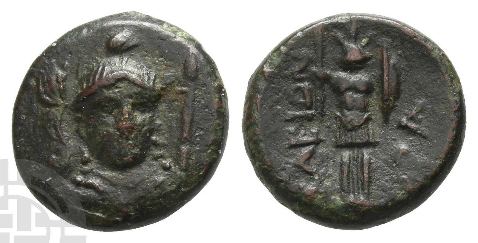 Lucania, Herakleia AE 14mm.: Circa 281-278 BC.Draped bust of Athena facing three-quarters to right, wearing triple-crested Attic helmet; on her left shoulder, shield / ?HPA-K?EI?N, trophy. SNG Copenhagen 1137; HN Italy 1436. 2.75