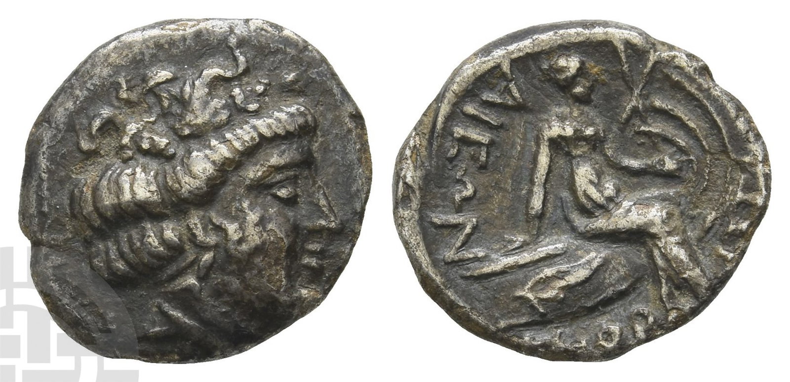 Euboia, Histiaia AR Tetrobol.: 3rd-2nd centuries BC.Wreathed head of the nymph Histiaia to right / ????-?????, Nymph seated to right on stern of galley; wing on side of ship, trident head and OP below. BCD Euboia -; HGC 4, 1524. 2.