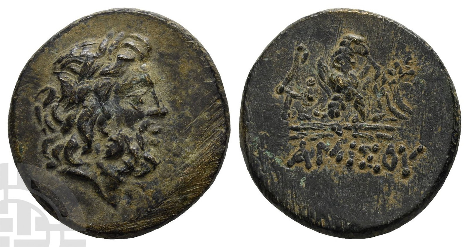 Pontos, Amisos AE 22mm.: Circa 95-90 BC.Laureate head of Zeus to right / AMI???, eagle standing to left, head to right, on thunderbolt; monogram to left. Malloy 14b; HGC 7, 245. 7.16gr, 22mm, 1h.Good Very Fine. Property of a 