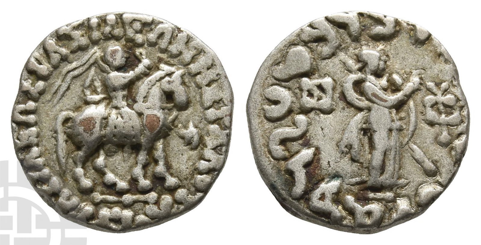 Indo-Scythians, Azes AR Drachm.: Circa 58-12 BC.BA?I?E?? BA?I?E?N ME?A?OY AZOY, king on horseback riding to right, 'Ti' in Karosthi before horse / Pallas Athena standing to right holding spear and shield, right arm extended in benedi