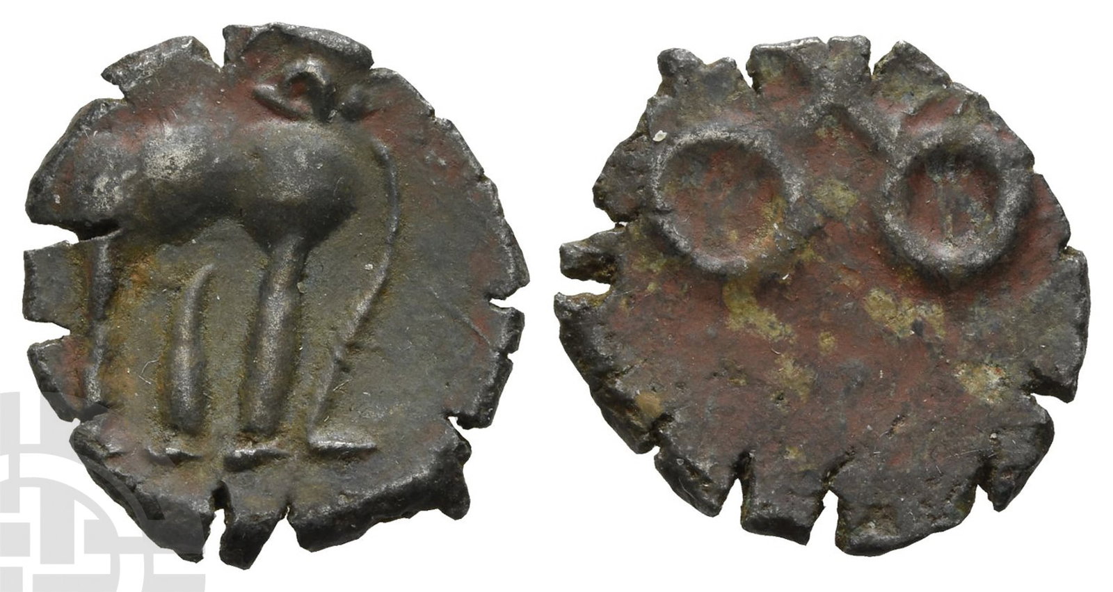 India, Post-Mauryan (Deccan). Satavahanas (Andhras), ?ri Satakar?i BI Karshapana.: Circa 70-60 BC.Elephant with raised trunk standing to right; [legend in Brahmi above] / Satavahana symbol. AICR 675; MACW 4941-52. 1.88gr, 19mm.Very Fine. From the private collection of Kenneth Machin