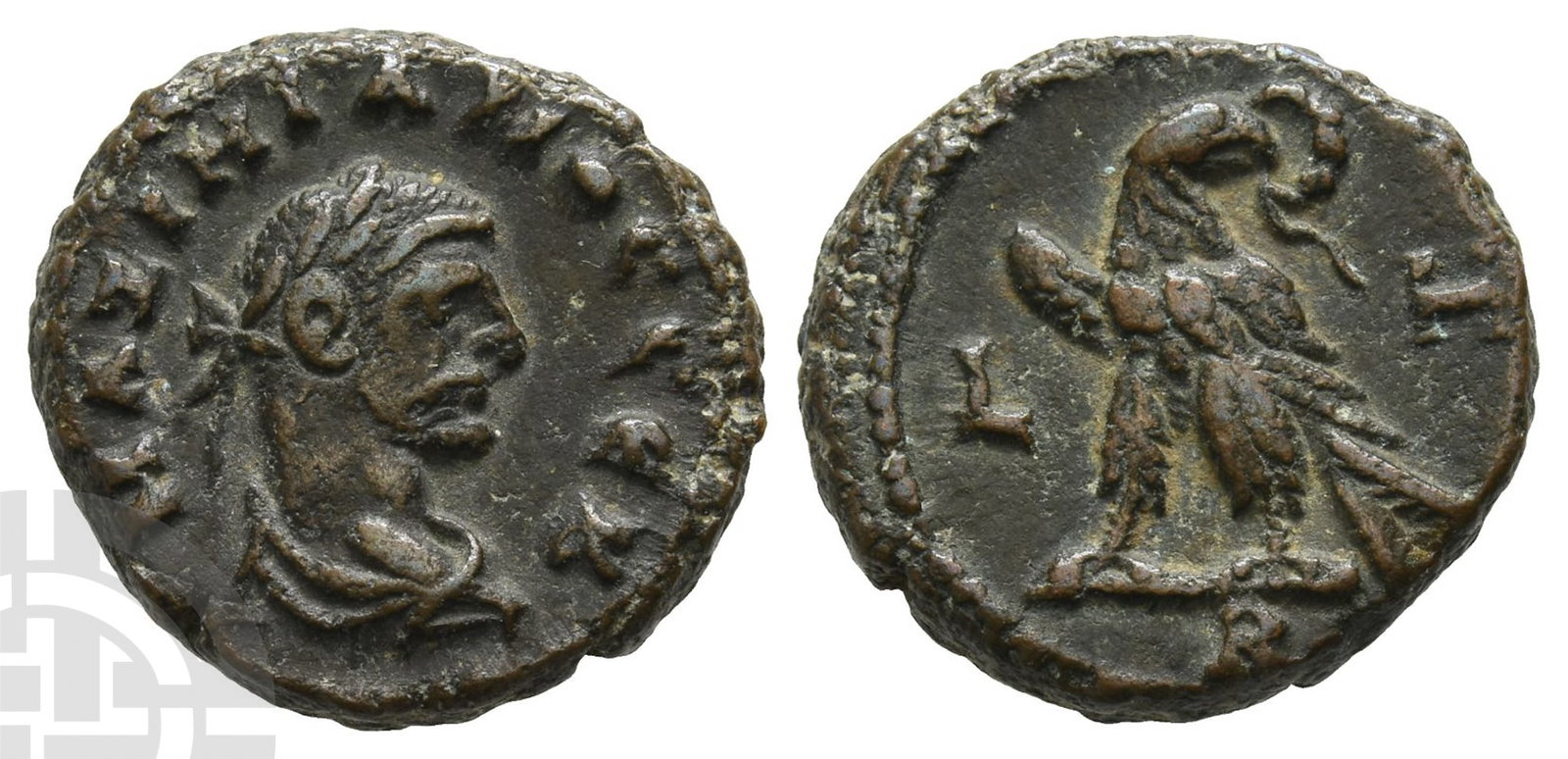 Maximian BI Tetradrachm of Alexandria, Egypt.: First reign, AD 286-305. Dated RY 8 (AD 292/3). ?????????C C??, laureate, draped and cuirassed bust to right / Eagle with closed wings standing to left, head to right and holding wreath in beak; L H (