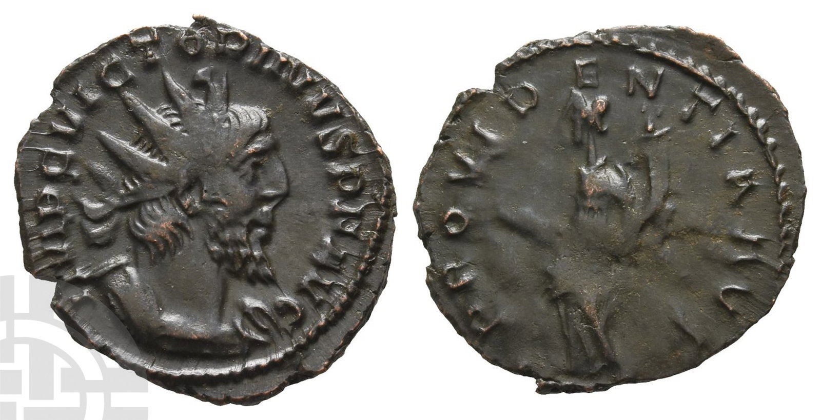 Victorinus, Romano-Gallic Emperor BI Antoninianus.: AD 269-271. Colonia Agrippinensis mint; struck AD 271. IMP C VICTORINVS P F AVG, radiate and cuirassed bust to right / PROVIDENTIA AVG, Providentia standing facing, head to left, holding baton and cor